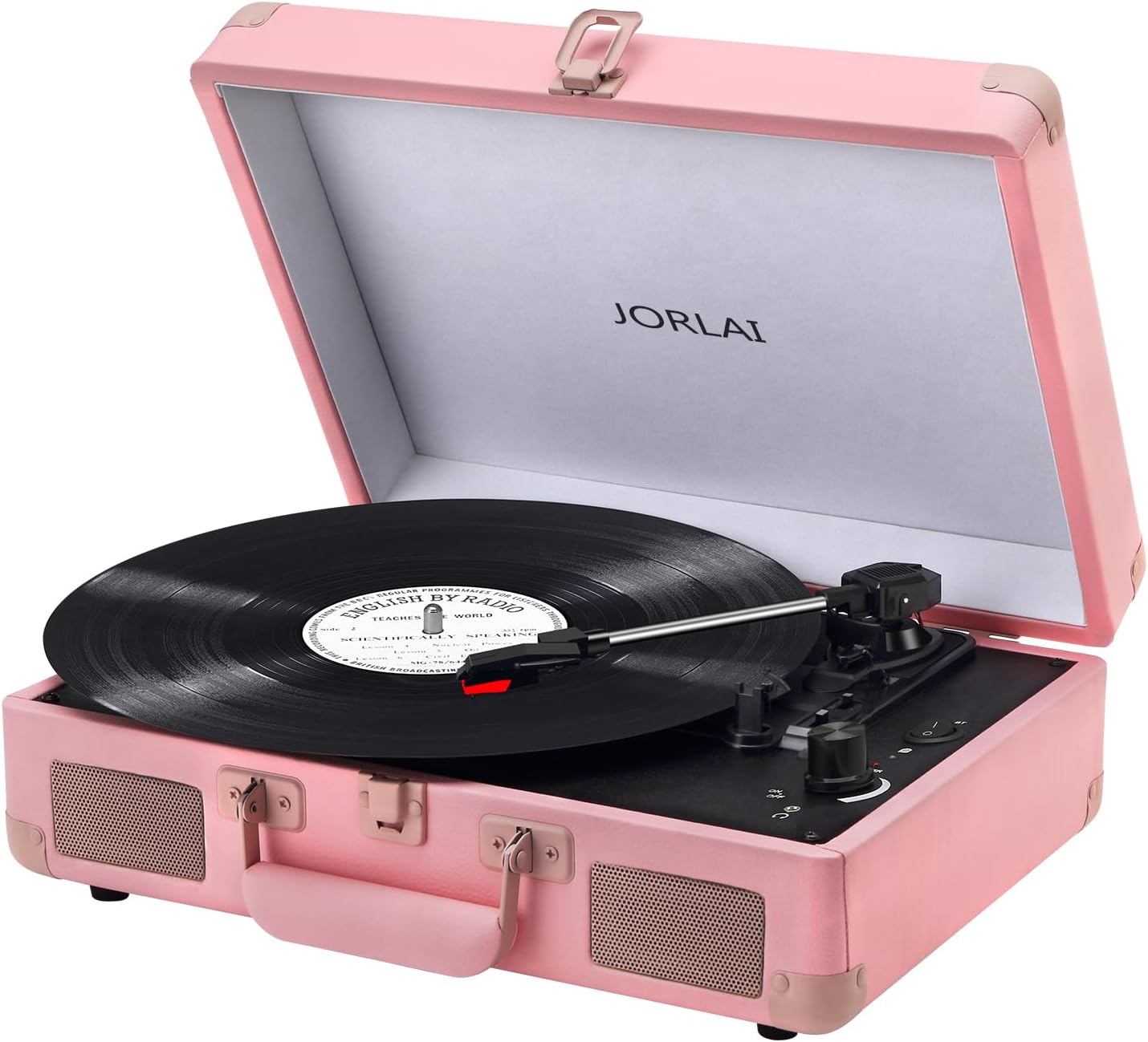 Jorlai Vinyl Record Player 3 Speed Turntable with Bluetooth, Built in Battery, Portable Suitcase, Built in Speakers, 3.5mm Headphone Jack Aux in/RCA Out Pink for Home Decoration Gift