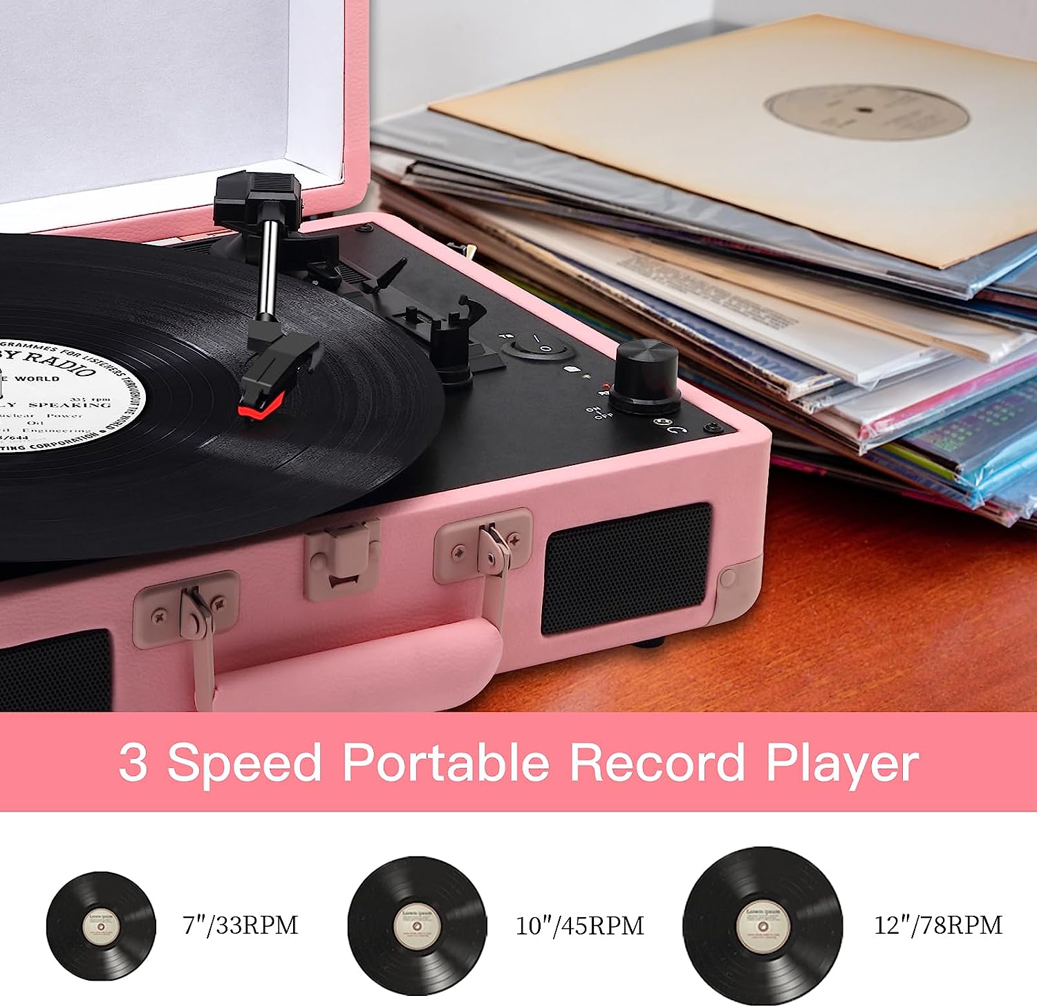 Jorlai Vinyl Record Player 3 Speed Turntable with Bluetooth, Built in Battery, Portable Suitcase, Built in Speakers, 3.5mm Headphone Jack Aux in/RCA Out Pink for Home Decoration Gift