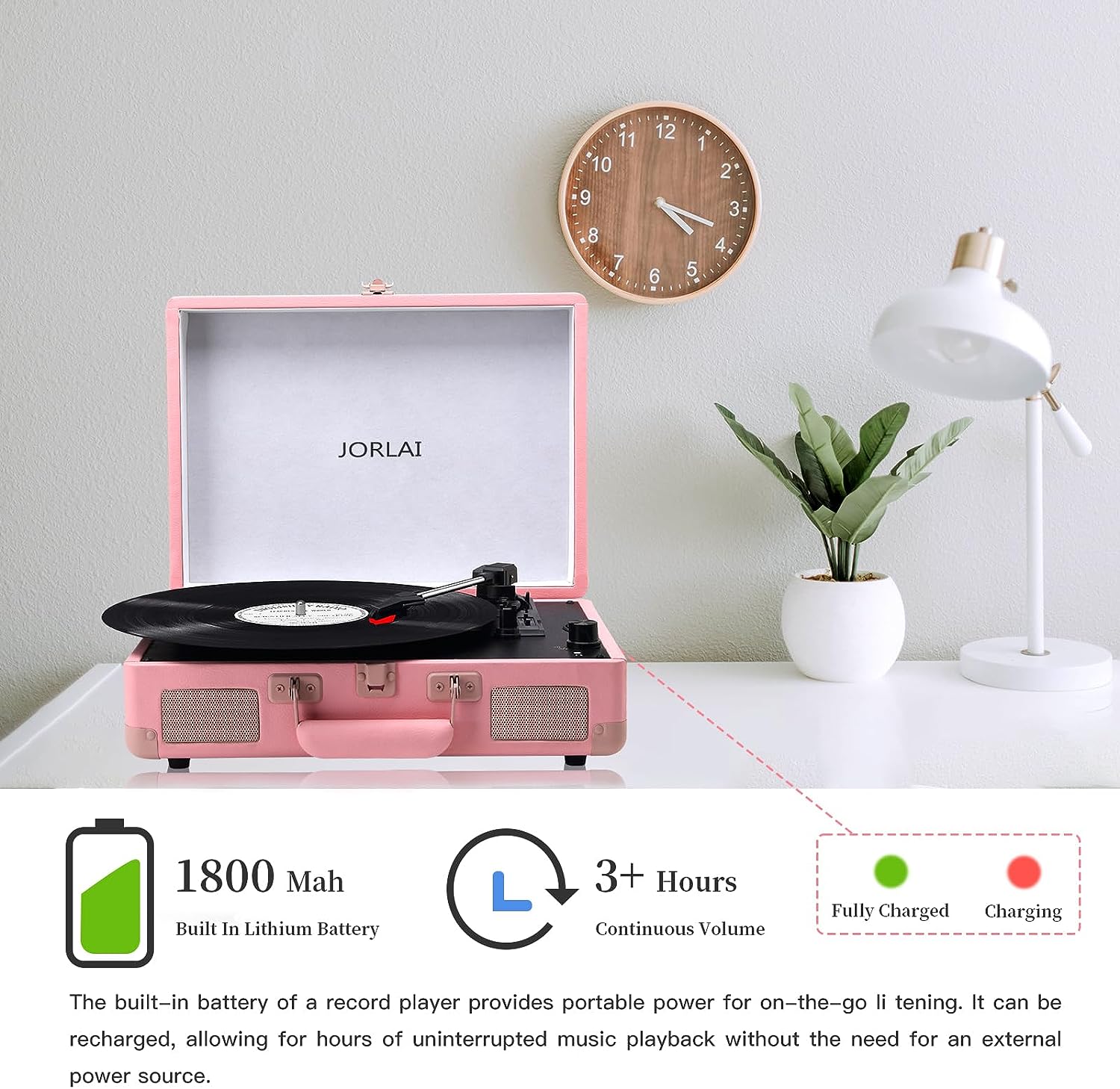 Jorlai Vinyl Record Player 3 Speed Turntable with Bluetooth, Built in Battery, Portable Suitcase, Built in Speakers, 3.5mm Headphone Jack Aux in/RCA Out Pink for Home Decoration Gift