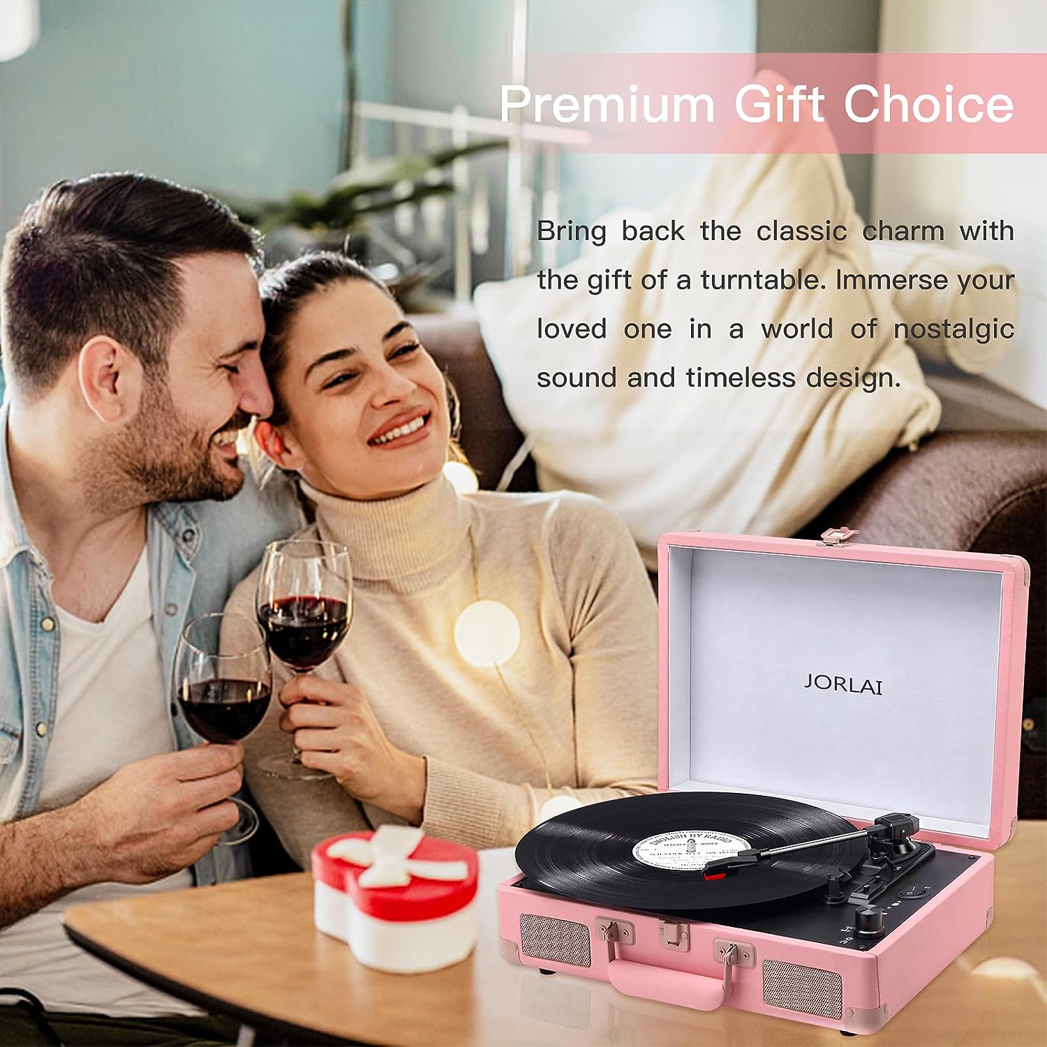 Jorlai Vinyl Record Player 3 Speed Turntable with Bluetooth, Built in Battery, Portable Suitcase, Built in Speakers, 3.5mm Headphone Jack Aux in/RCA Out Pink for Home Decoration Gift