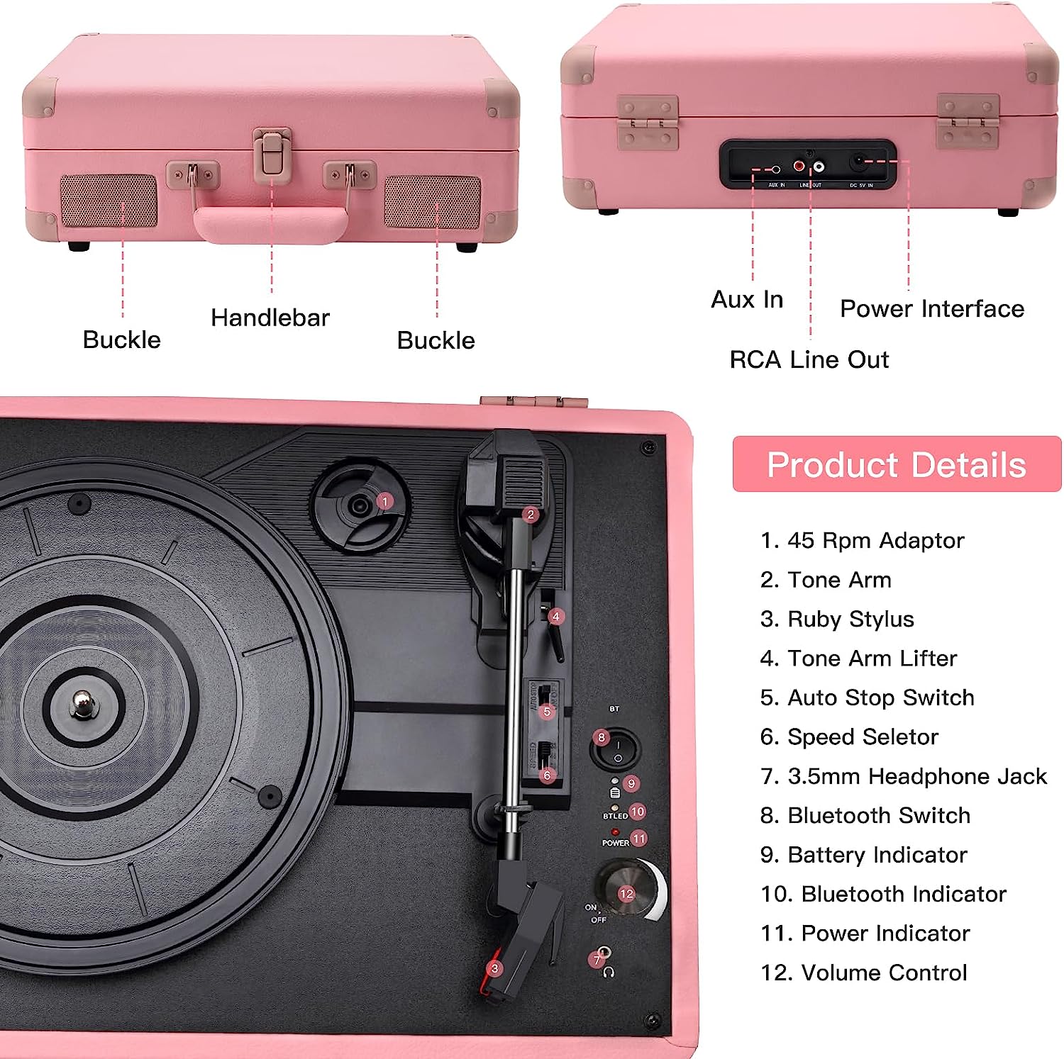 Jorlai Vinyl Record Player 3 Speed Turntable with Bluetooth, Built in Battery, Portable Suitcase, Built in Speakers, 3.5mm Headphone Jack Aux in/RCA Out Pink for Home Decoration Gift