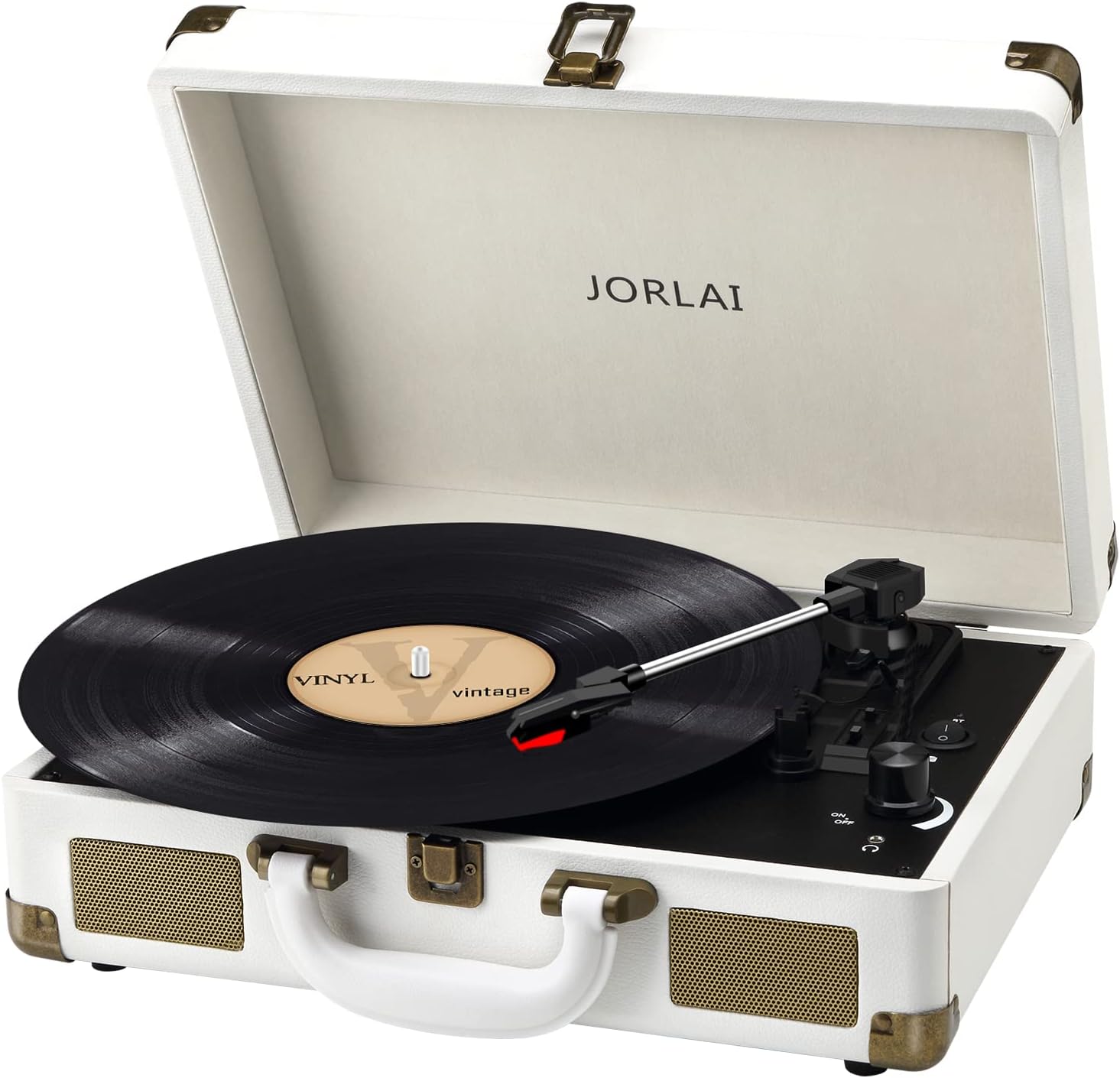 Jorlai Vinyl Record Player 3 Speed Turntable with Bluetooth, Built in Battery, Portable Suitcase, Built in Speakers, 3.5mm Headphone Jack Aux in/RCA Out Pink for Home Decoration Gift