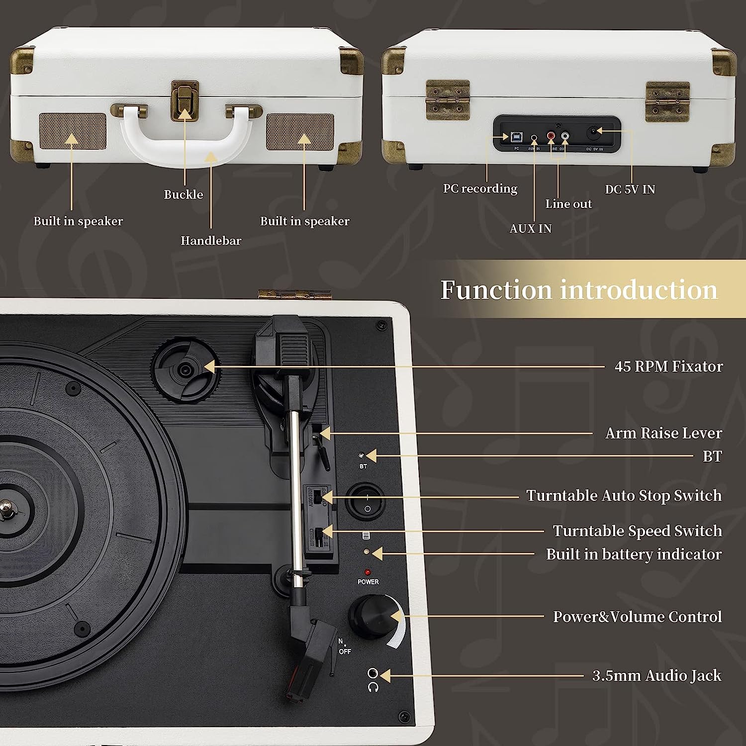 Jorlai Vinyl Record Player 3 Speed Turntable with Bluetooth, Built in Battery, Portable Suitcase, Built in Speakers, 3.5mm Headphone Jack Aux in/RCA Out Pink for Home Decoration Gift