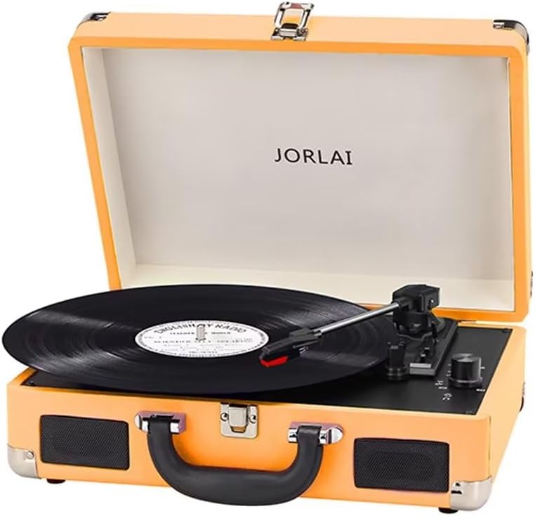 Jorlai Vinyl Record Player 3 Speed Turntable with Bluetooth, Built in Battery, Portable Suitcase, Built in Speakers, 3.5mm Headphone Jack Aux in/RCA Out Pink for Home Decoration Gift