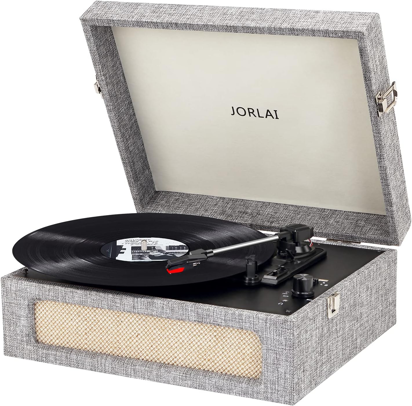 Jorlai Vinyl Record Player 3 Speed Turntable with Bluetooth, Built in Battery, Portable Suitcase, Built in Speakers, 3.5mm Headphone Jack Aux in/RCA Out Pink for Home Decoration Gift