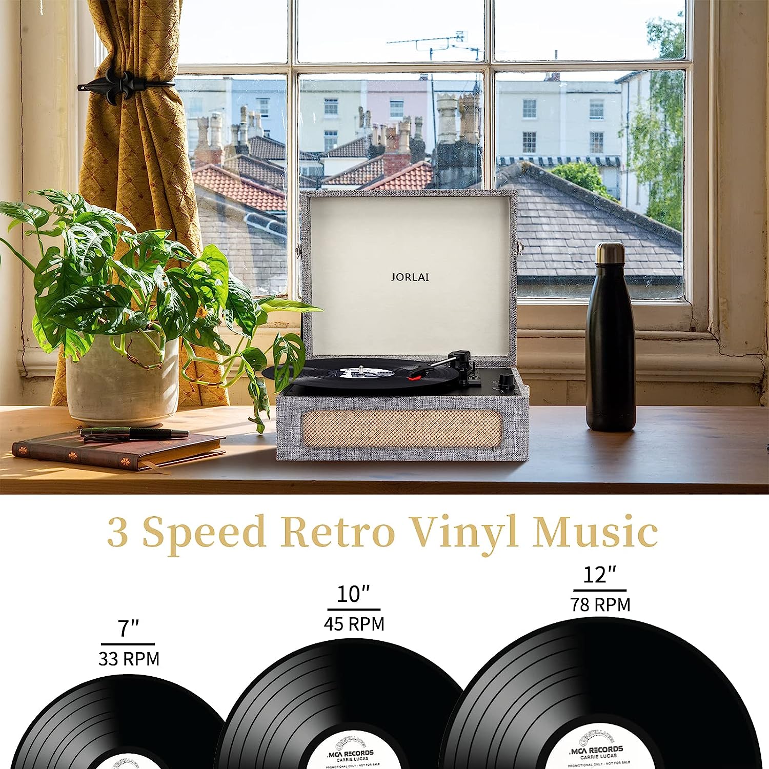 Jorlai Vinyl Record Player 3 Speed Turntable with Bluetooth, Built in Battery, Portable Suitcase, Built in Speakers, 3.5mm Headphone Jack Aux in/RCA Out Pink for Home Decoration Gift