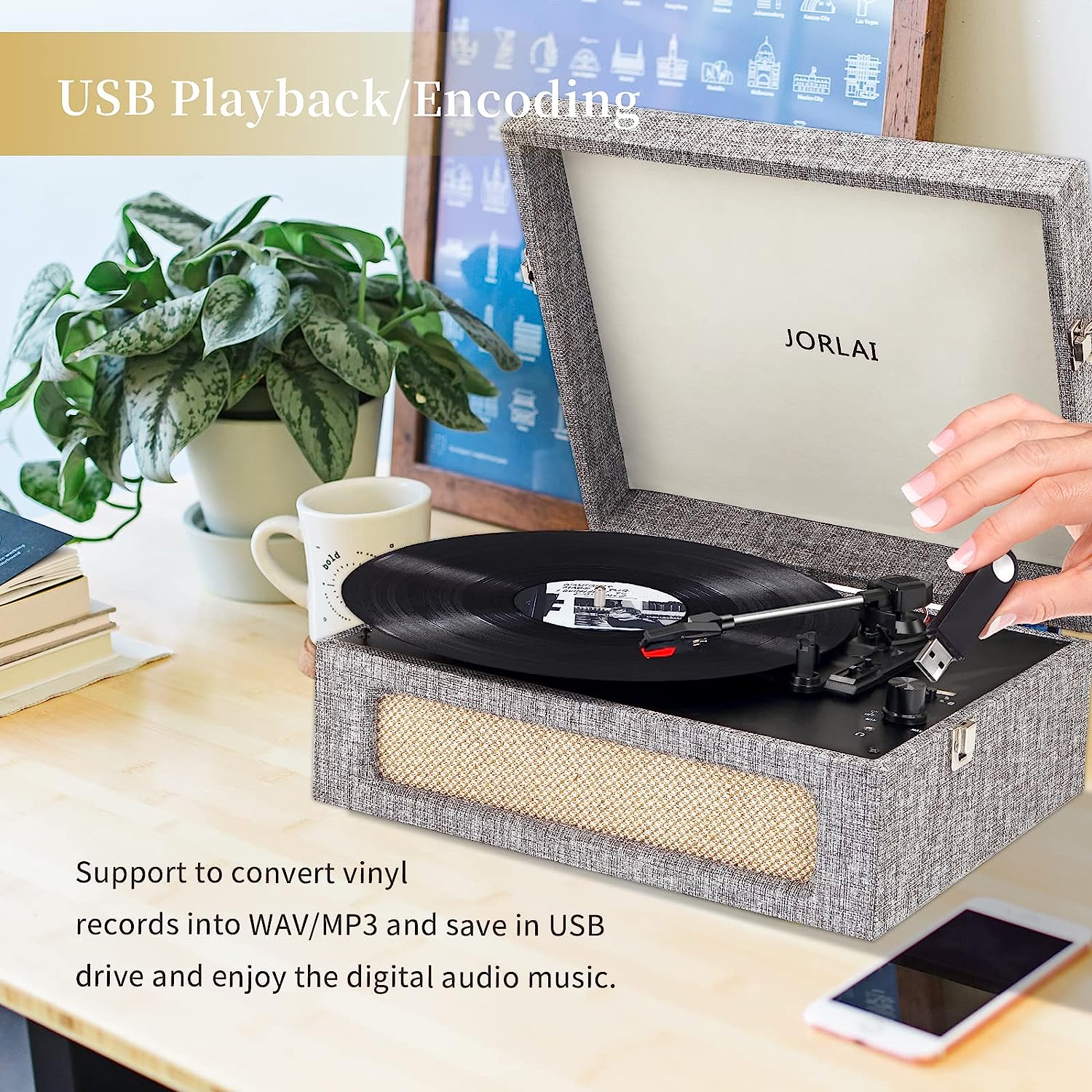 Jorlai Vinyl Record Player 3 Speed Turntable with Bluetooth, Built in Battery, Portable Suitcase, Built in Speakers, 3.5mm Headphone Jack Aux in/RCA Out Pink for Home Decoration Gift