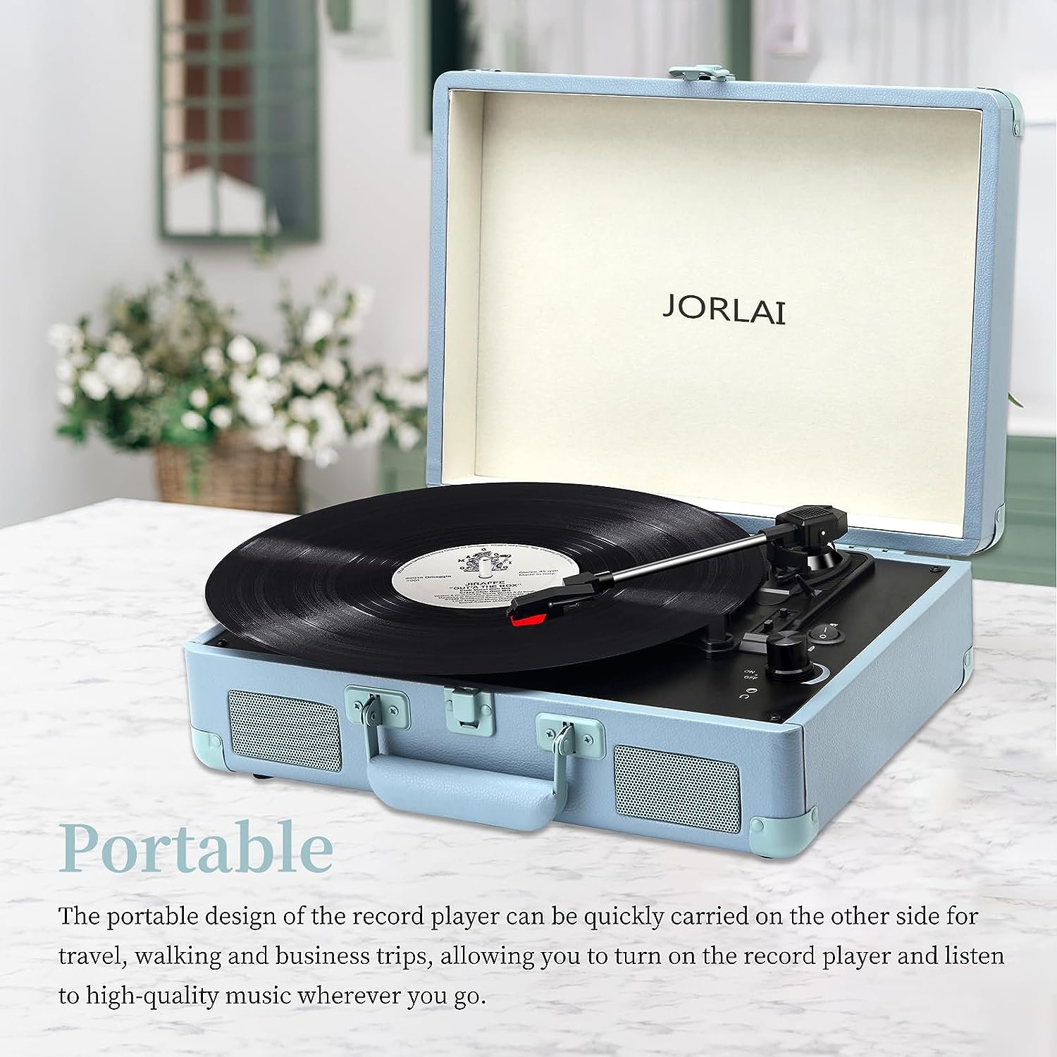 Jorlai Vinyl Record Player 3 Speed Turntable with Bluetooth, Built in Battery, Portable Suitcase, Built in Speakers, 3.5mm Headphone Jack Aux in/RCA Out Pink for Home Decoration Gift