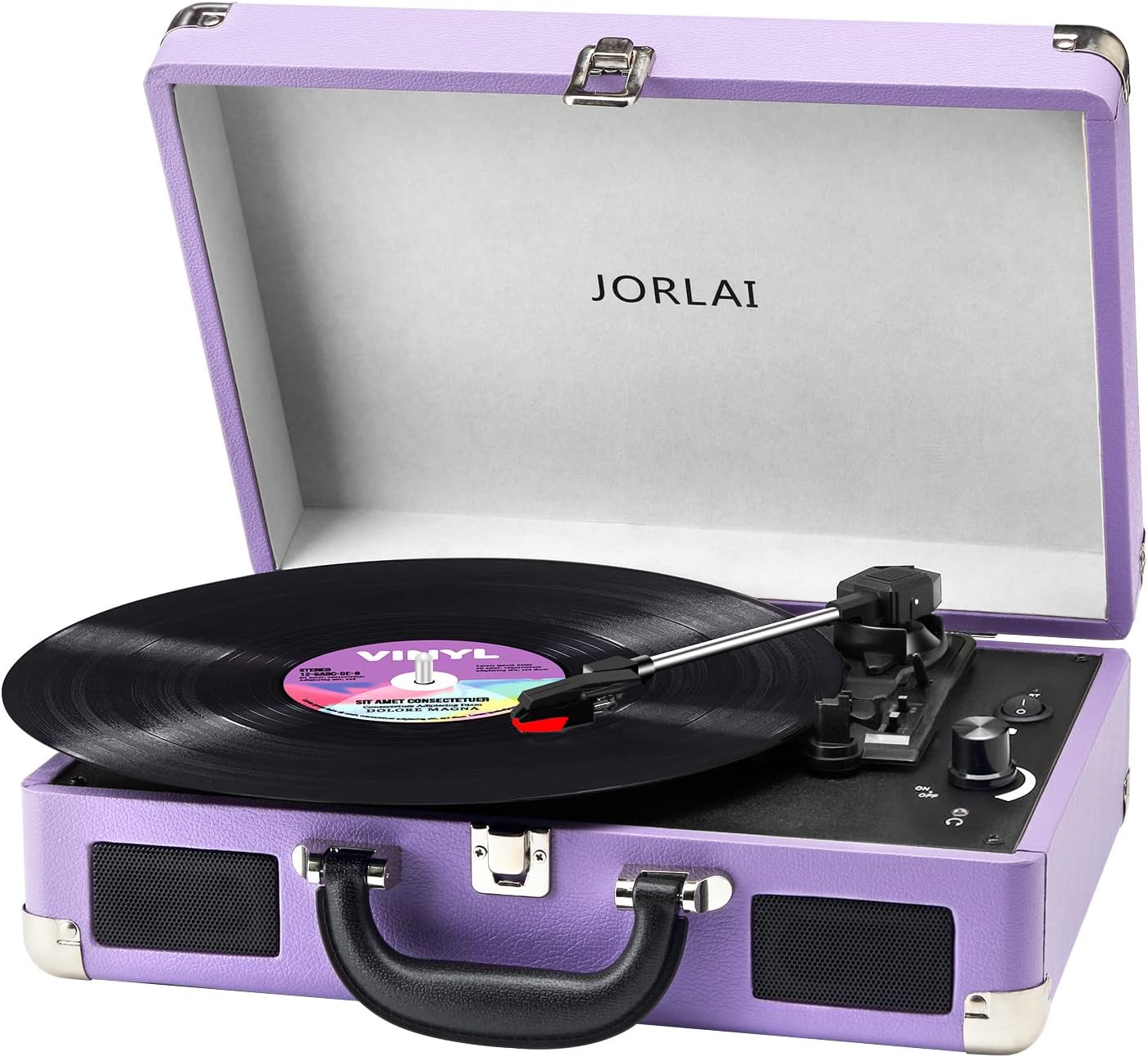 Jorlai Vinyl Record Player 3 Speed Turntable with Bluetooth, Built in Battery, Portable Suitcase, Built in Speakers, 3.5mm Headphone Jack Aux in/RCA Out Pink for Home Decoration Gift