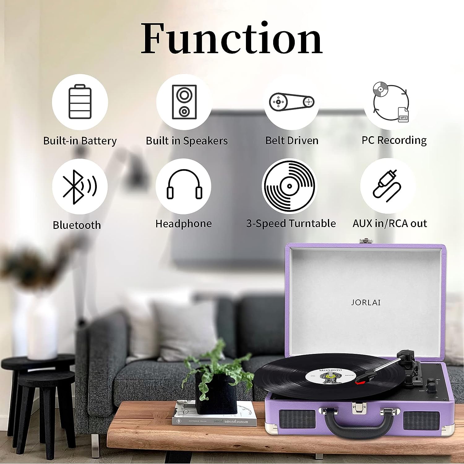 Jorlai Vinyl Record Player 3 Speed Turntable with Bluetooth, Built in Battery, Portable Suitcase, Built in Speakers, 3.5mm Headphone Jack Aux in/RCA Out Pink for Home Decoration Gift