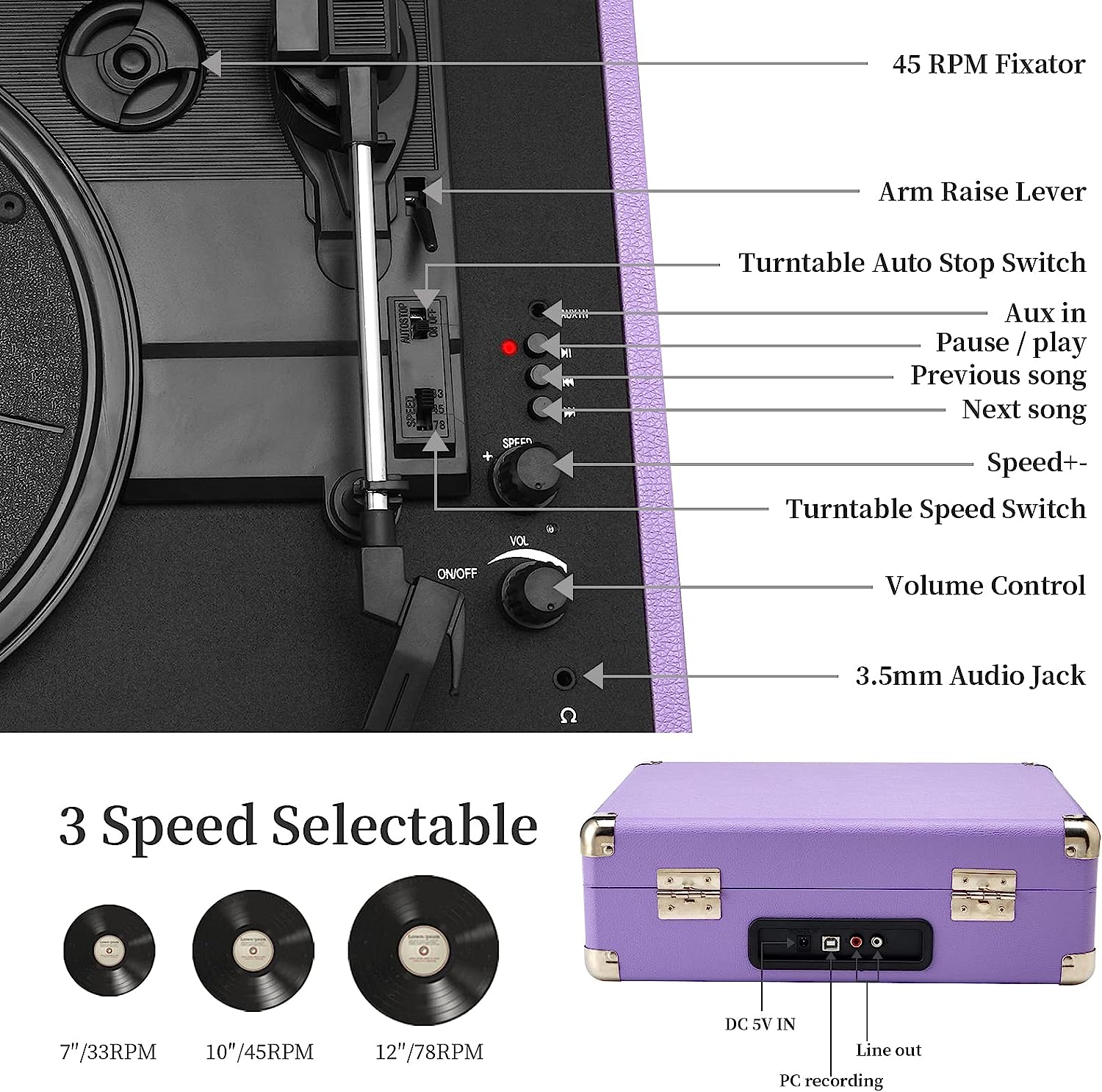 Jorlai Vinyl Record Player 3 Speed Turntable with Bluetooth, Built in Battery, Portable Suitcase, Built in Speakers, 3.5mm Headphone Jack Aux in/RCA Out Pink for Home Decoration Gift