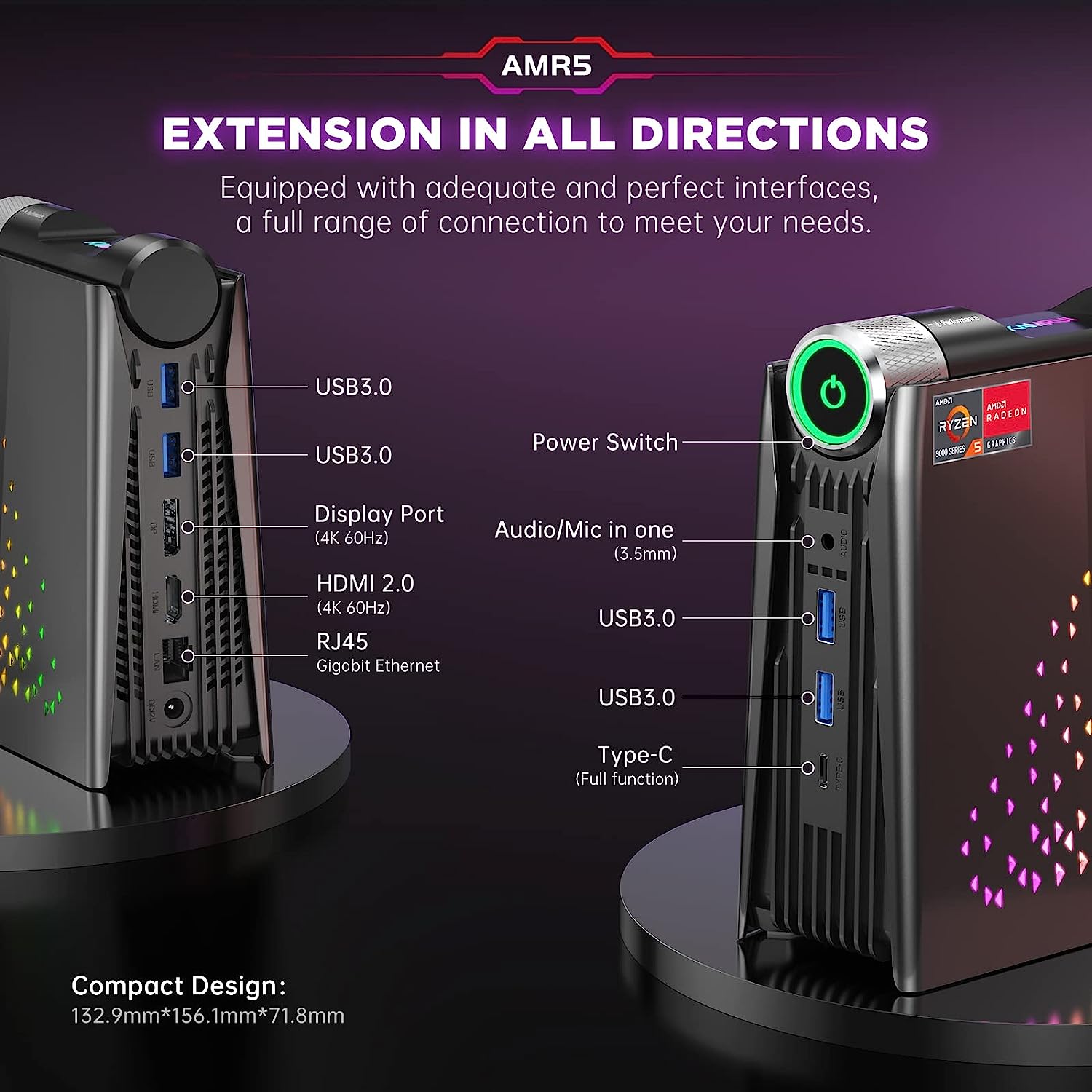KAMRUI [Gaming PC] AMD Ryzen Mini PC Windows 11 Pro with 16GB RAM 512GB SSD, Small Gaming Desktop Computer, Micro AMR5 3 Mode PERF Switch, RGB Light, Upgrade Capacity, 4K UHD, Type-C, WiFi6/BT5.2