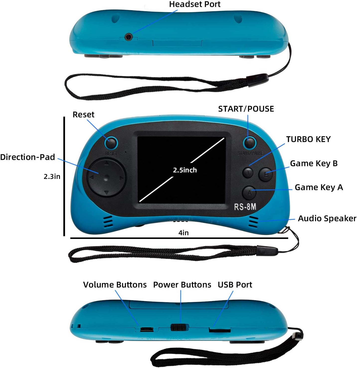 Kids Handheld Game Portable Video Game Player with 200 Games 16 Bit 2.5 Inch Screen Mini Retro Electronic Game Machine ,Best Gift for Child (Blue)