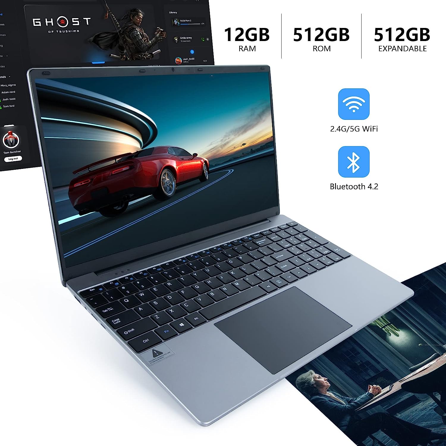 Laptop Computer, Chicbuy 15.6 Inch Laptop with 12GB DDR4 512GB SSD, Quad-Core Intel Celeron N5095 Processors, Pre-installed Windows 11, 1080P IPS FHD Display, USB 3.0, Bluetooth 4.2, 2.4/5G WiFi(Gray)