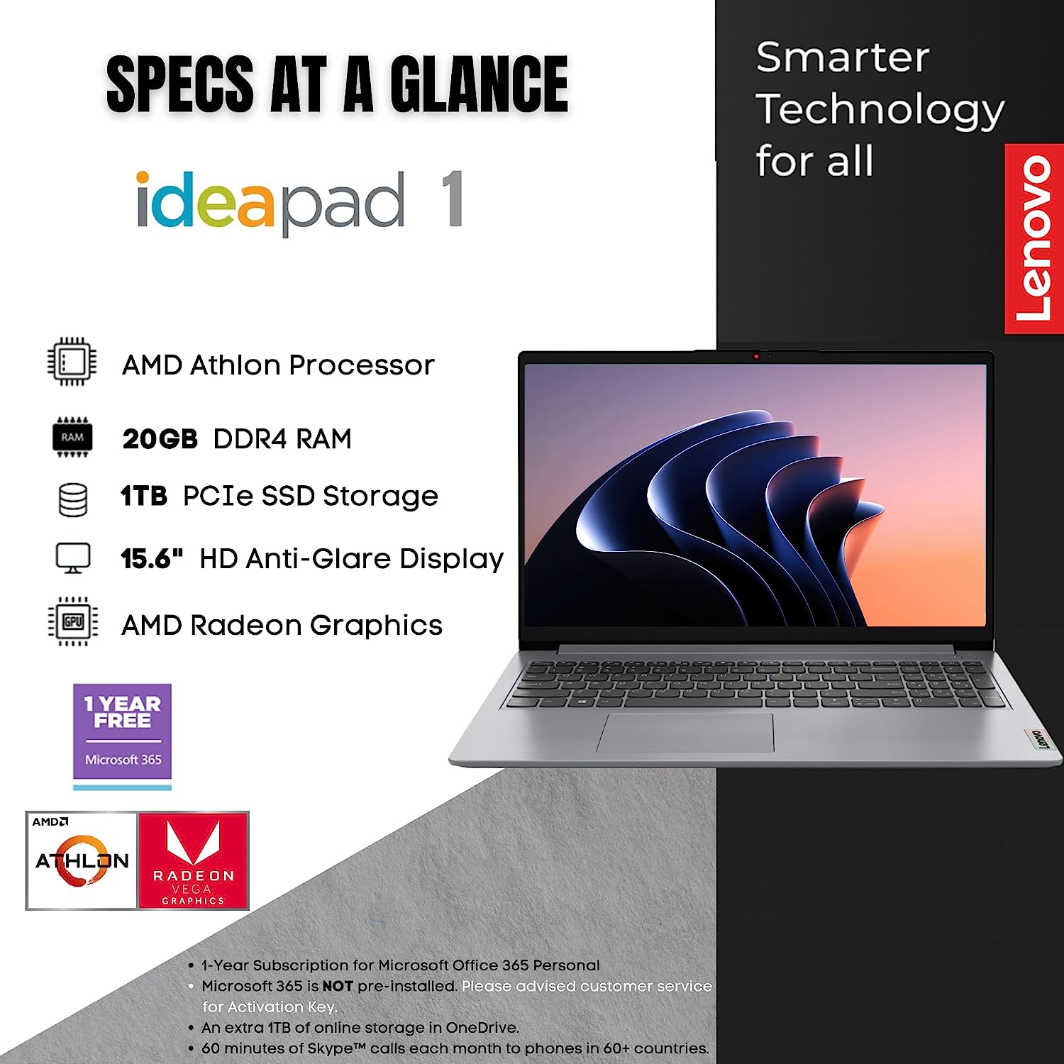 Lenovo IdeaPad, 20GB RAM, 1TB SSD, AMD Dual-core Processor, 15.6 Inch HD Anti-Glare Display, Long Battery Presence Up to 9.5Hr, HDMI, SD Card Reader, Windows 11, 1 Season Microsoft 365