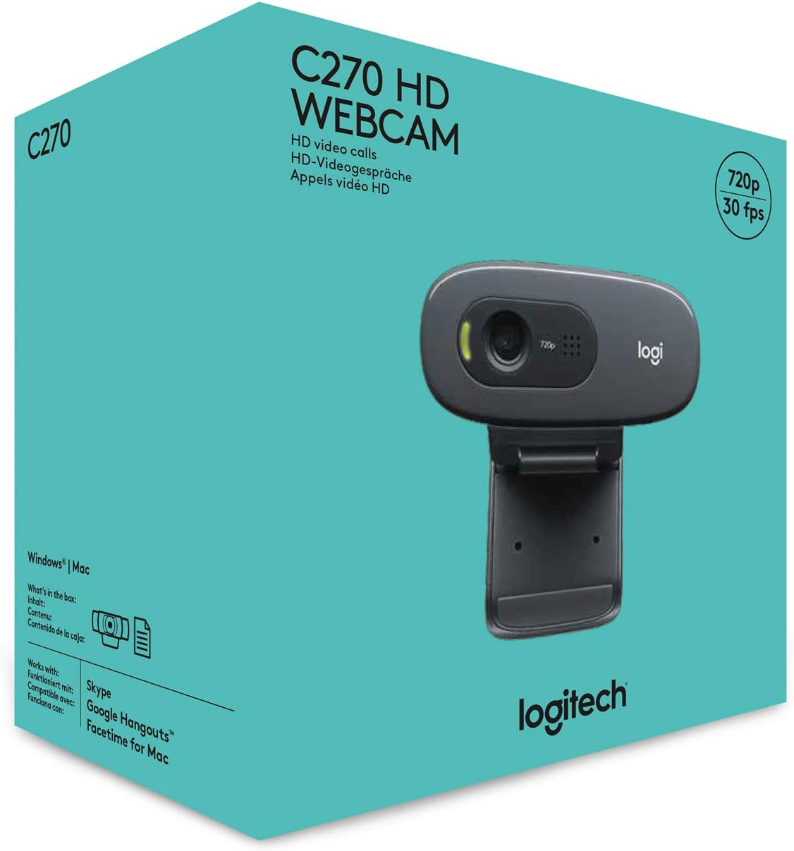 Logitech C270 HD Webcam, 720p, Widescreen HD Video Calling,Light Correction, Noise-Reducing Mic, For Skype, FaceTime, Hangouts, WebEx, PC/Mac/Laptop/Macbook/Tablet - Black