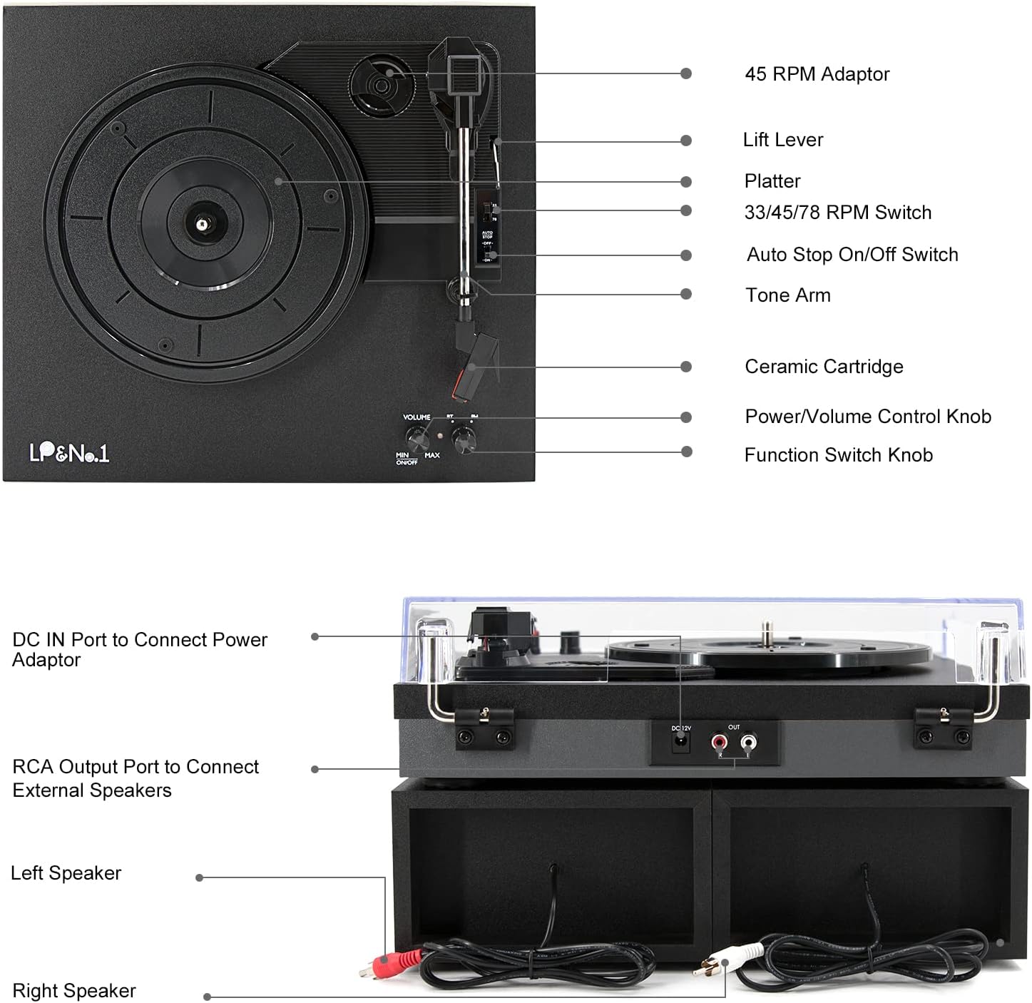 LP&No.1 Bluetooth Vinyl Record Player with External Speakers, 3-Speed Belt-Drive Turntable for Vinyl Albums with Auto Off and Bluetooth Input, Yellow Wood