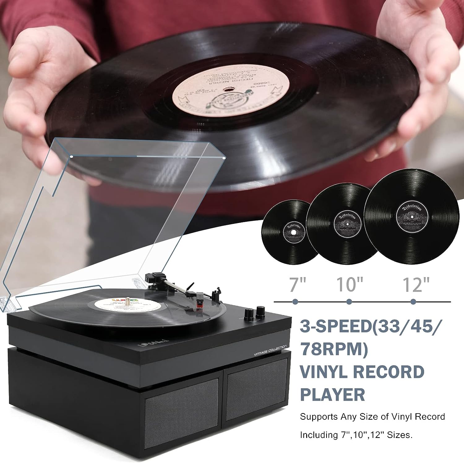 LP&No.1 Bluetooth Vinyl Record Player with External Speakers, 3-Speed Belt-Drive Turntable for Vinyl Albums with Auto Off and Bluetooth Input, Yellow Wood