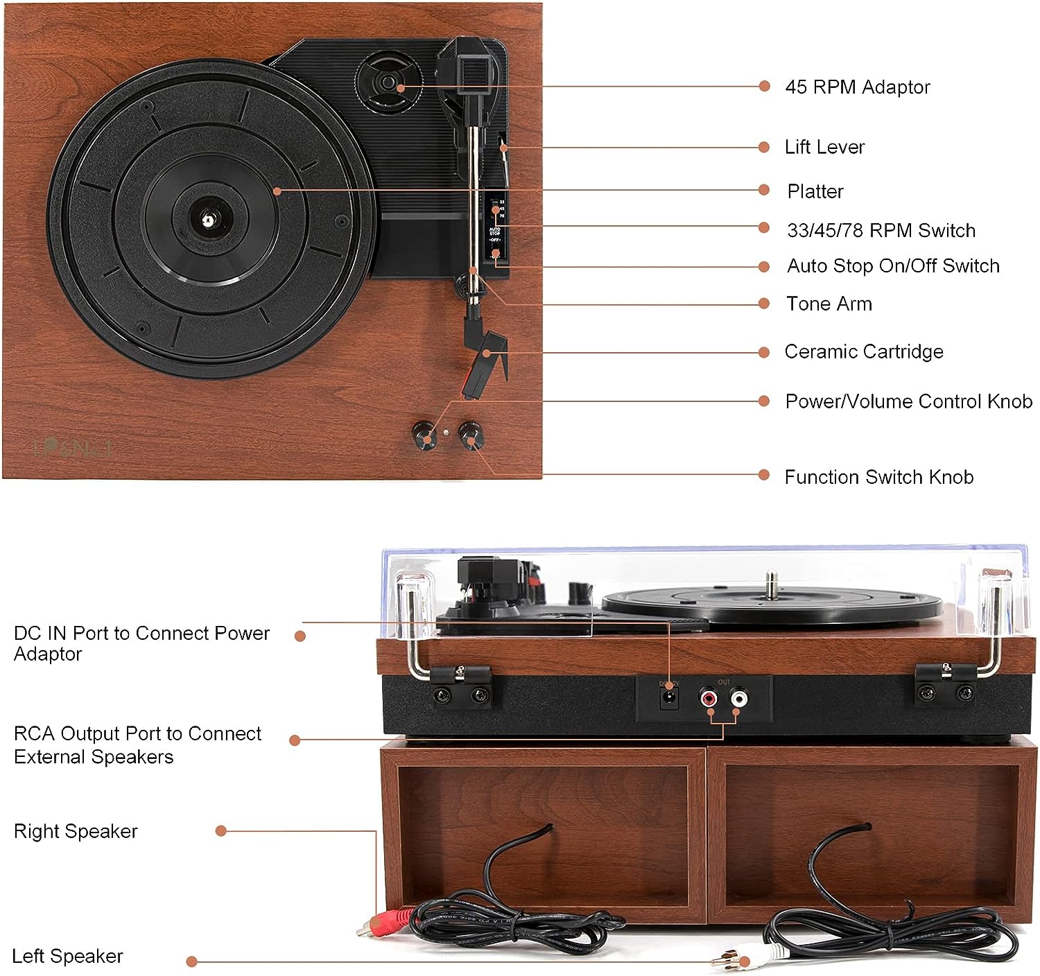 LP&No.1 Bluetooth Vinyl Record Player with External Speakers, 3-Speed Belt-Drive Turntable for Vinyl Albums with Auto Off and Bluetooth Input, Yellow Wood