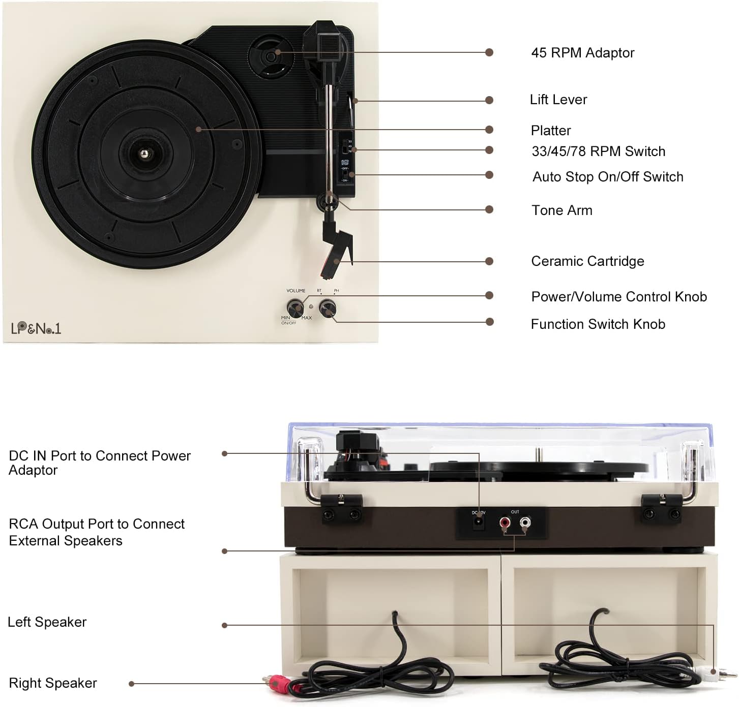 LP&No.1 Bluetooth Vinyl Record Player with External Speakers, 3-Speed Belt-Drive Turntable for Vinyl Albums with Auto Off and Bluetooth Input, Yellow Wood