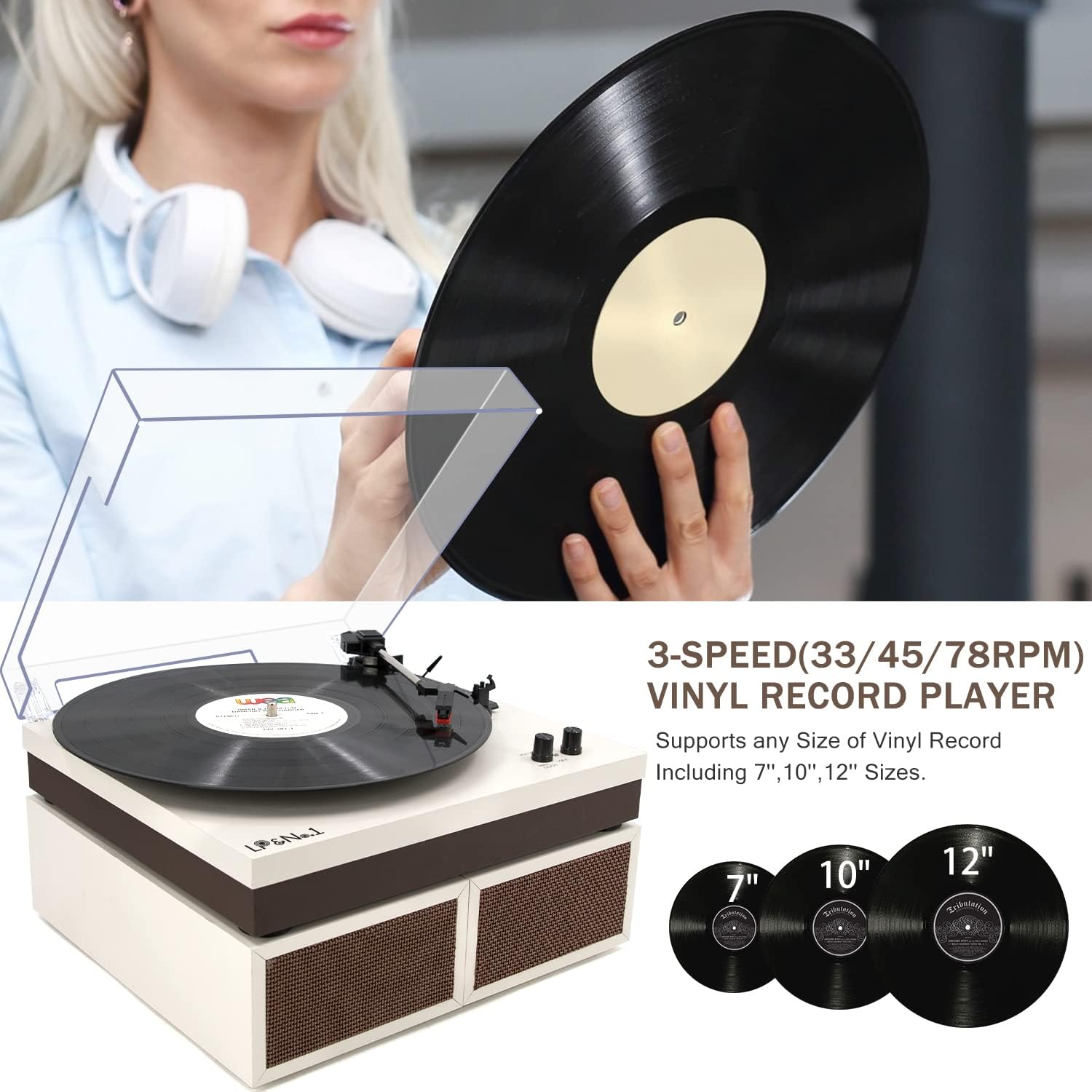 LP&No.1 Bluetooth Vinyl Record Player with External Speakers, 3-Speed Belt-Drive Turntable for Vinyl Albums with Auto Off and Bluetooth Input, Yellow Wood