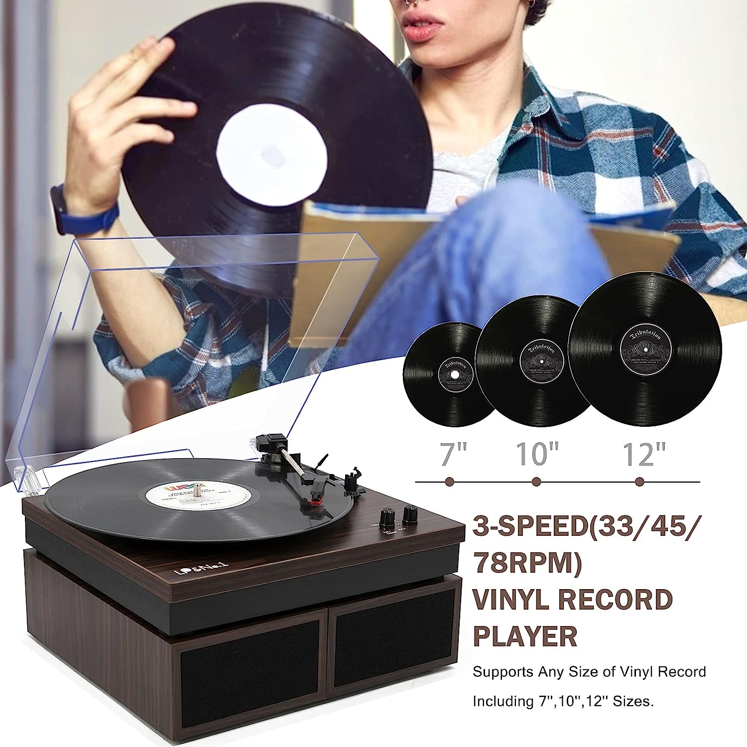 LP&No.1 Bluetooth Vinyl Record Player with External Speakers, 3-Speed Belt-Drive Turntable for Vinyl Albums with Auto Off and Bluetooth Input, Yellow Wood