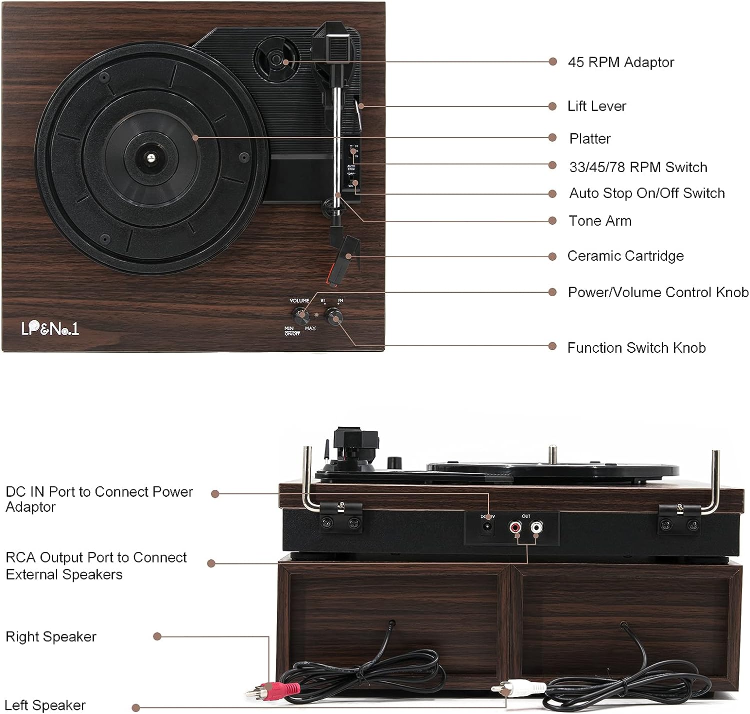 LP&No.1 Bluetooth Vinyl Record Player with External Speakers, 3-Speed Belt-Drive Turntable for Vinyl Albums with Auto Off and Bluetooth Input, Yellow Wood