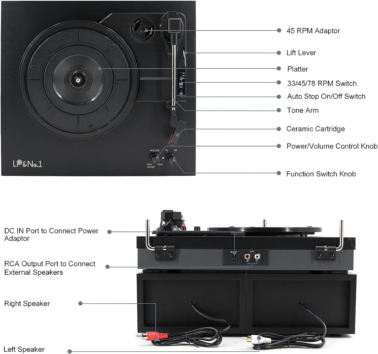 LP&No.1 Bluetooth Vinyl Record Player with External Speakers, 3-Speed Belt-Drive Turntable for Vinyl Albums with Auto Off and Bluetooth Input, Yellow Wood