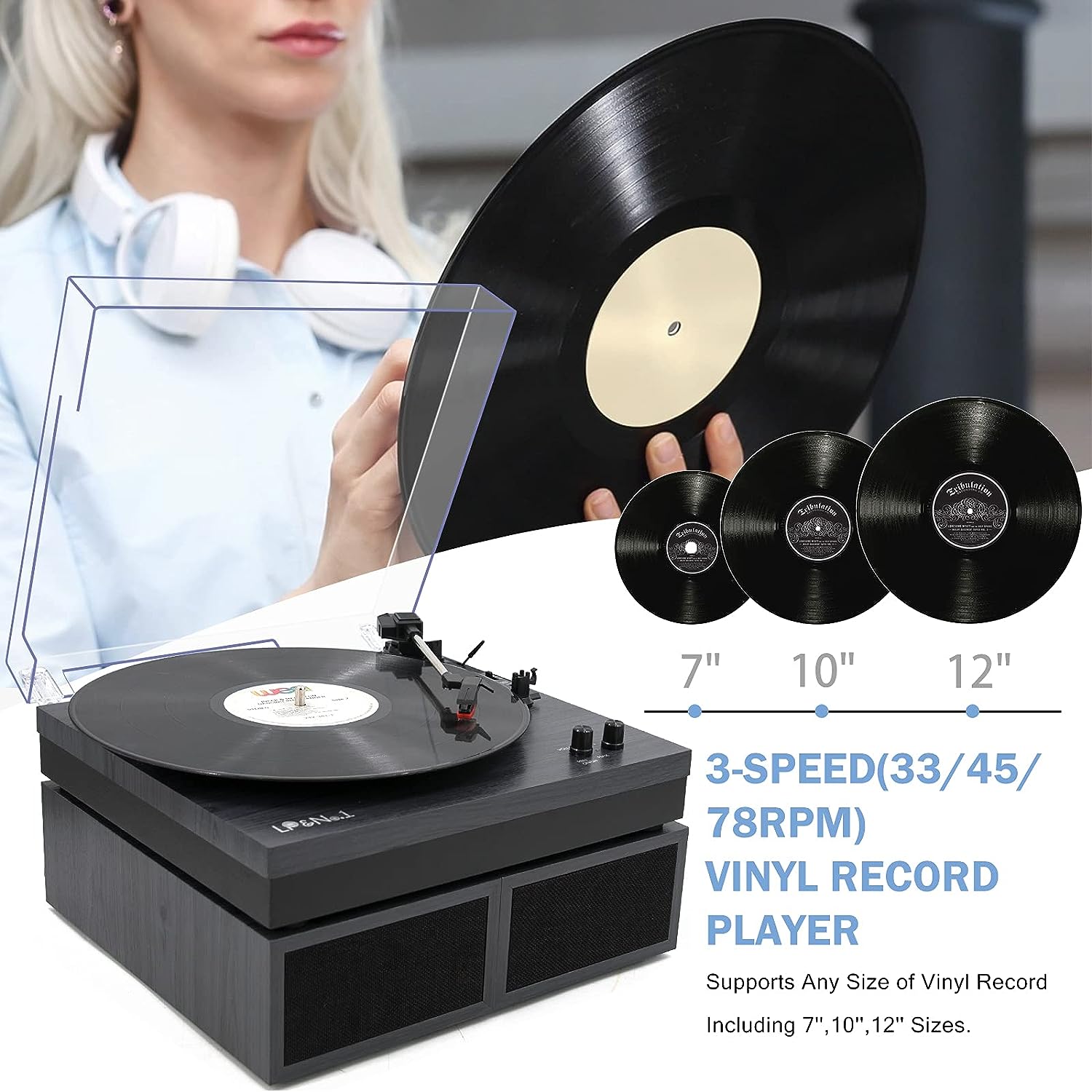 LP&No.1 Bluetooth Vinyl Record Player with External Speakers, 3-Speed Belt-Drive Turntable for Vinyl Albums with Auto Off and Bluetooth Input, Yellow Wood