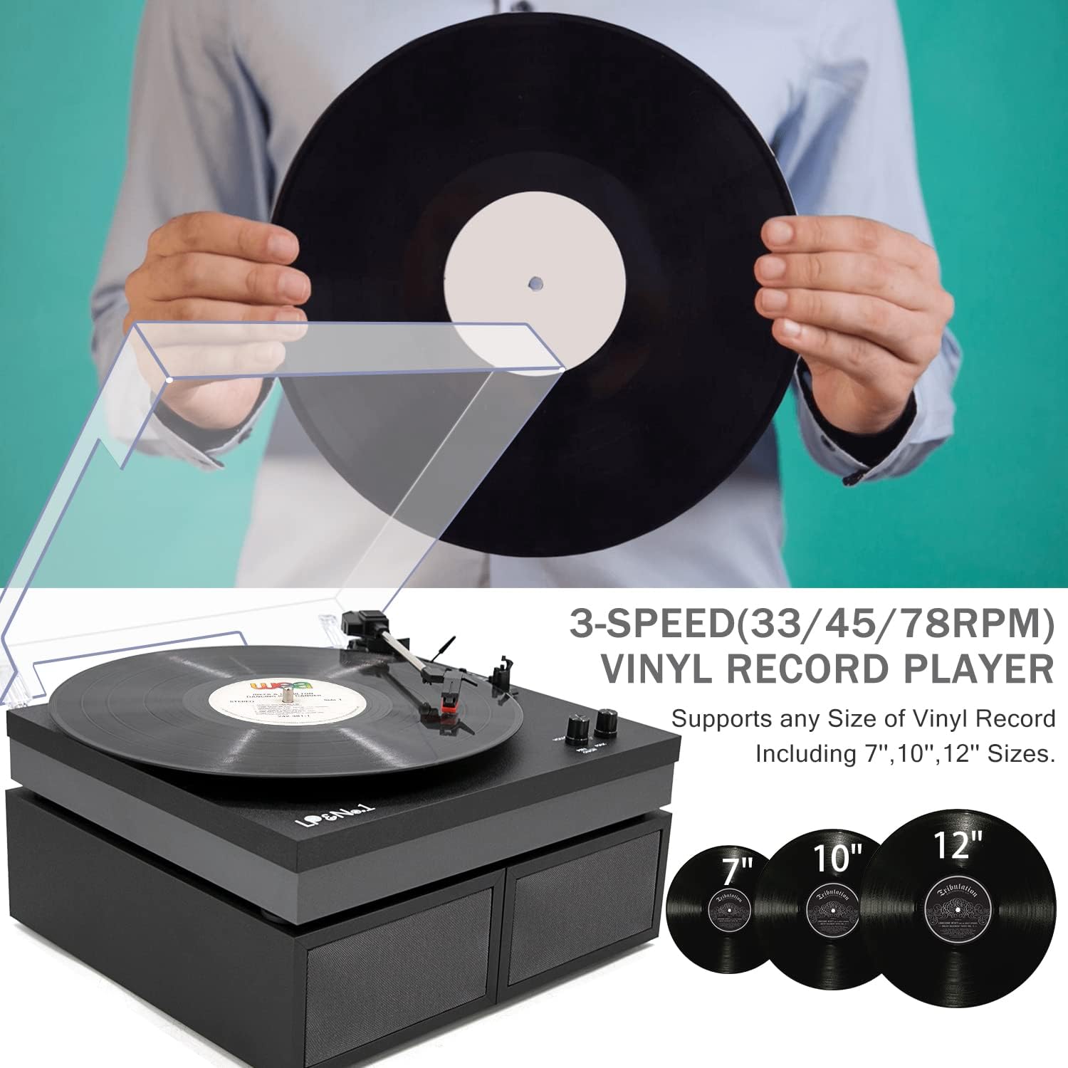 LP&No.1 Bluetooth Vinyl Record Player with External Speakers, 3-Speed Belt-Drive Turntable for Vinyl Albums with Auto Off and Bluetooth Input, Yellow Wood