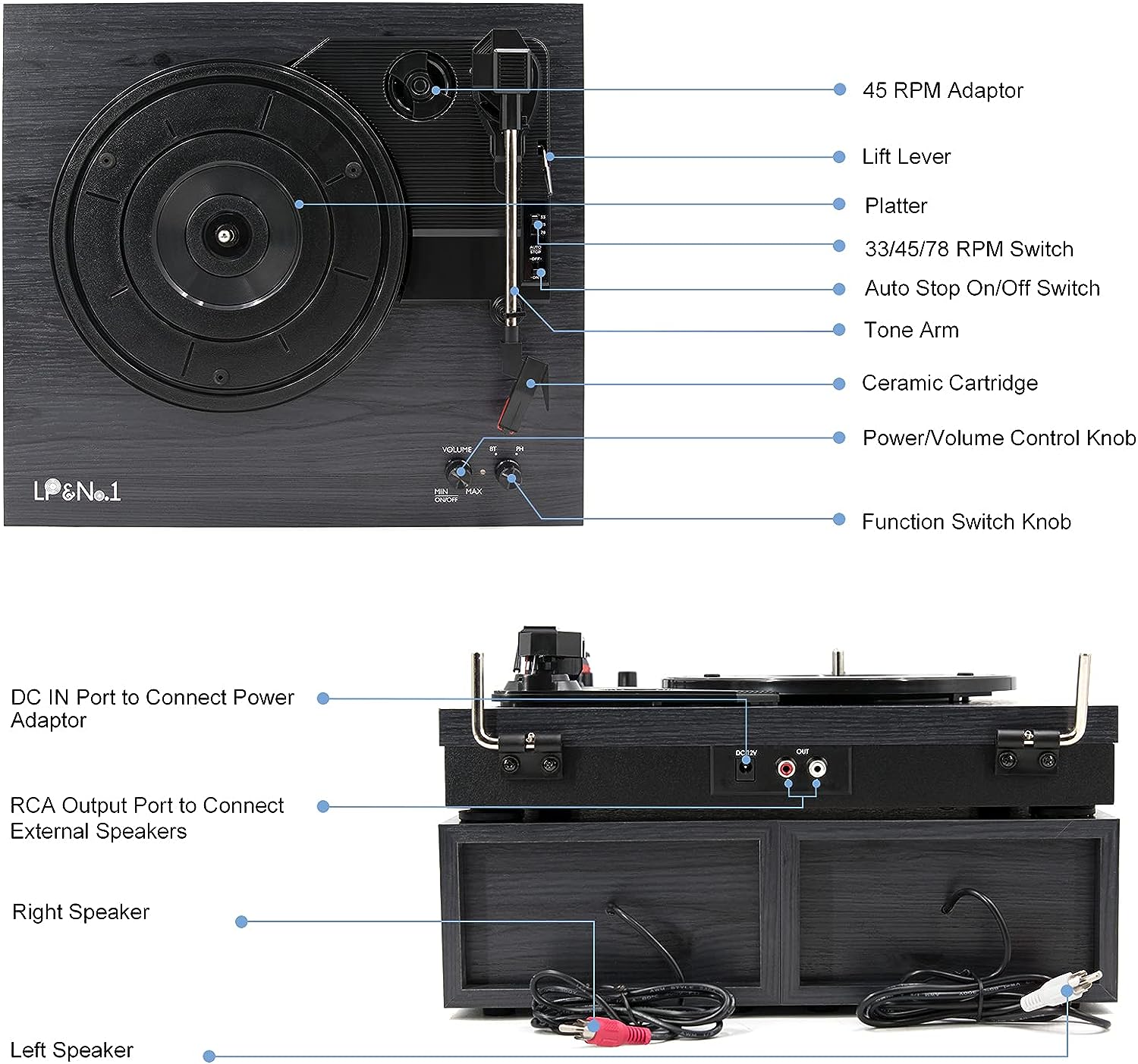 LP&No.1 Bluetooth Vinyl Record Player with External Speakers, 3-Speed Belt-Drive Turntable for Vinyl Albums with Auto Off and Bluetooth Input, Yellow Wood