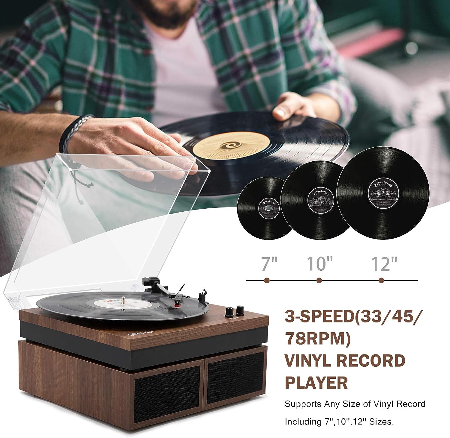 LP&No.1 Bluetooth Vinyl Record Player with External Speakers, 3-Speed Belt-Drive Turntable for Vinyl Albums with Auto Off and Bluetooth Input, Yellow Wood