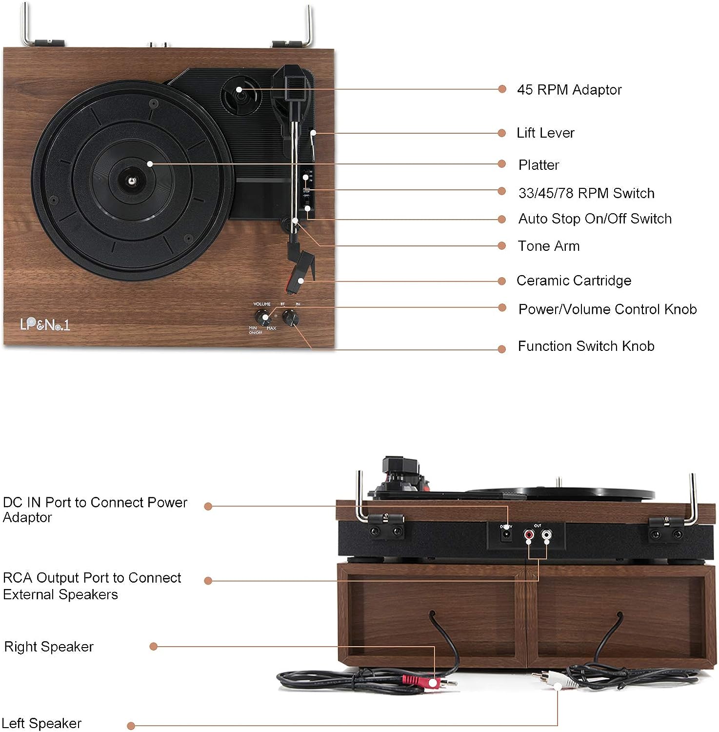 LP&No.1 Bluetooth Vinyl Record Player with External Speakers, 3-Speed Belt-Drive Turntable for Vinyl Albums with Auto Off and Bluetooth Input, Yellow Wood