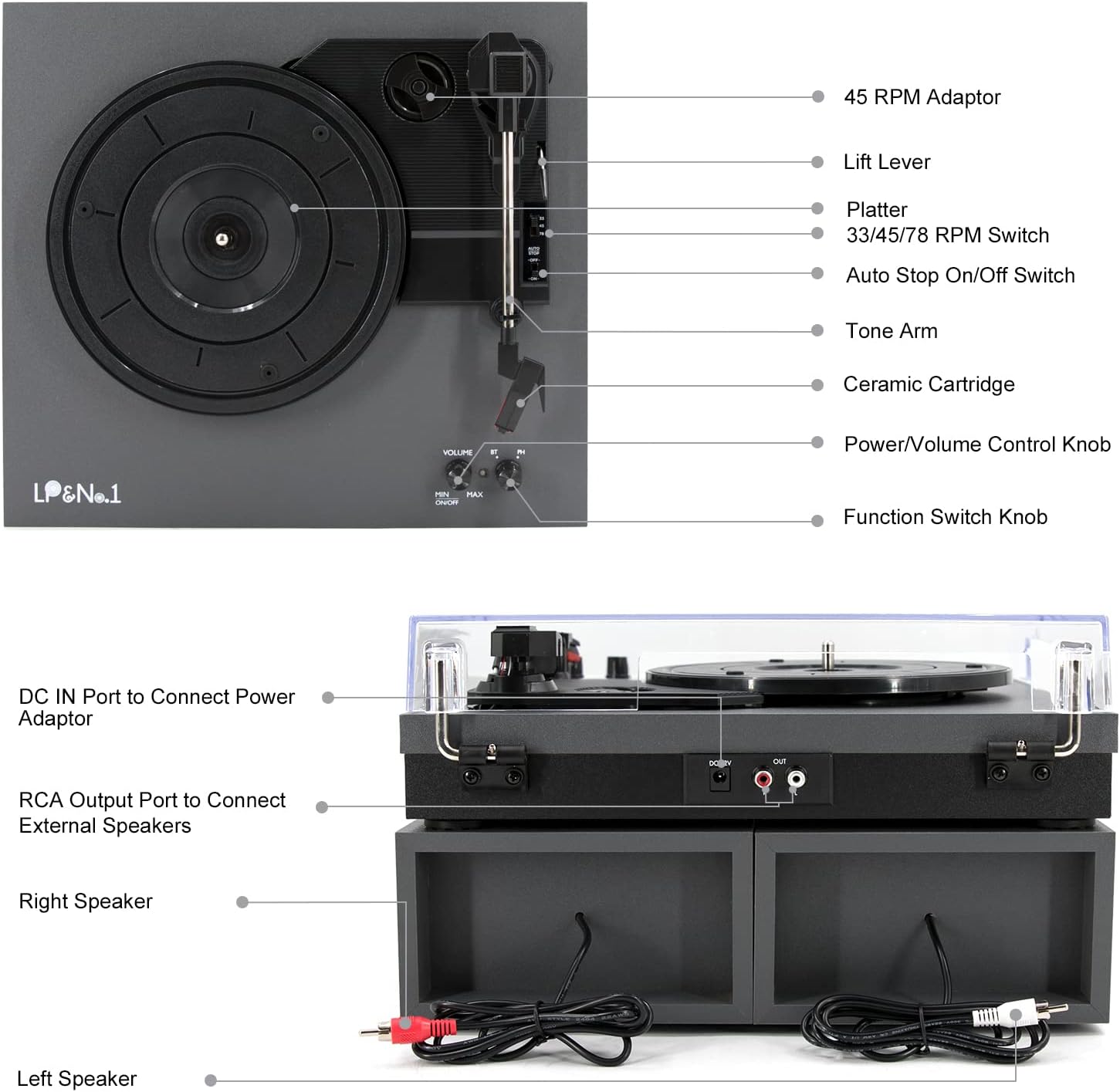 LP&No.1 Bluetooth Vinyl Record Player with External Speakers, 3-Speed Belt-Drive Turntable for Vinyl Albums with Auto Off and Bluetooth Input, Yellow Wood