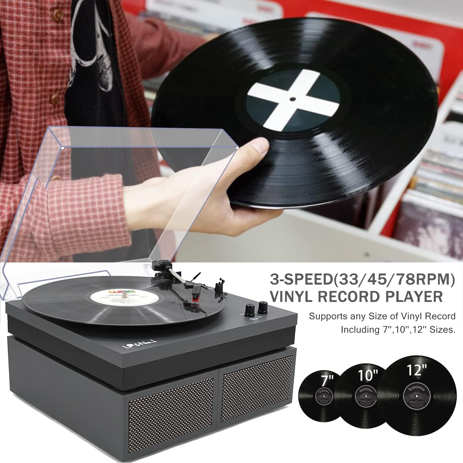 LP&No.1 Bluetooth Vinyl Record Player with External Speakers, 3-Speed Belt-Drive Turntable for Vinyl Albums with Auto Off and Bluetooth Input, Yellow Wood