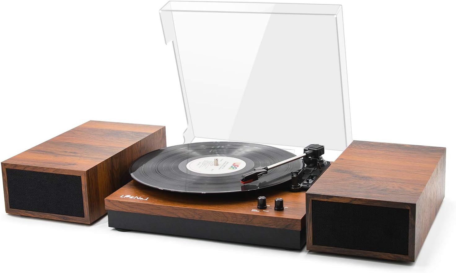 LP&No.1 Bluetooth Vinyl Record Player with External Speakers, 3-Speed Belt-Drive Turntable for Vinyl Albums with Auto Off and Bluetooth Input, Yellow Wood