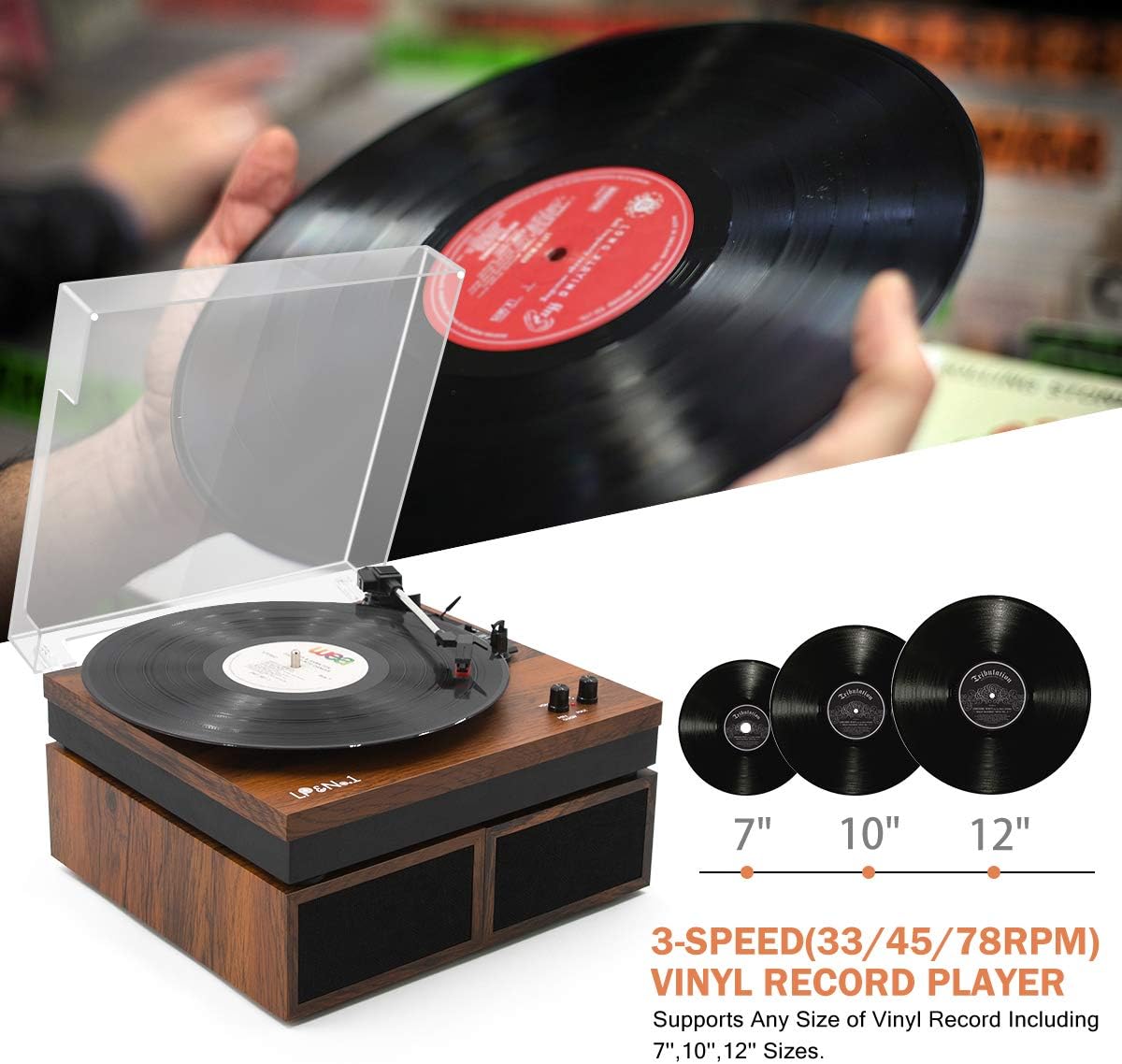 LP&No.1 Bluetooth Vinyl Record Player with External Speakers, 3-Speed Belt-Drive Turntable for Vinyl Albums with Auto Off and Bluetooth Input, Yellow Wood