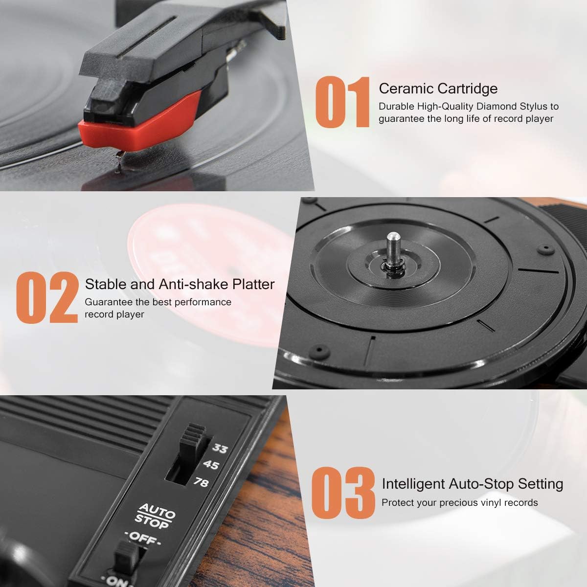 LP&No.1 Bluetooth Vinyl Record Player with External Speakers, 3-Speed Belt-Drive Turntable for Vinyl Albums with Auto Off and Bluetooth Input, Yellow Wood