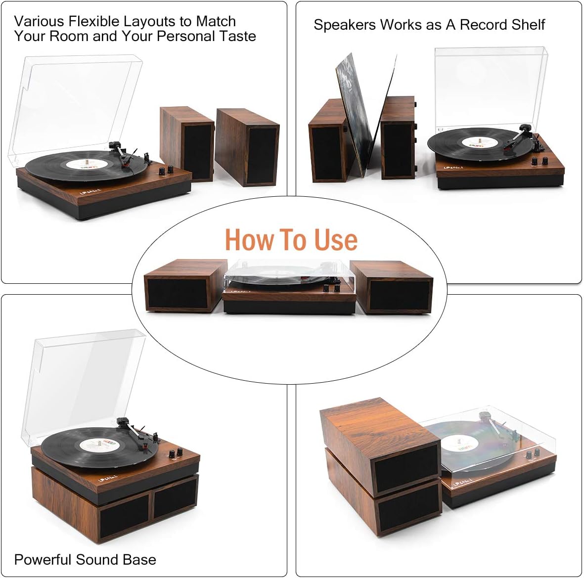 LP&No.1 Bluetooth Vinyl Record Player with External Speakers, 3-Speed Belt-Drive Turntable for Vinyl Albums with Auto Off and Bluetooth Input, Yellow Wood