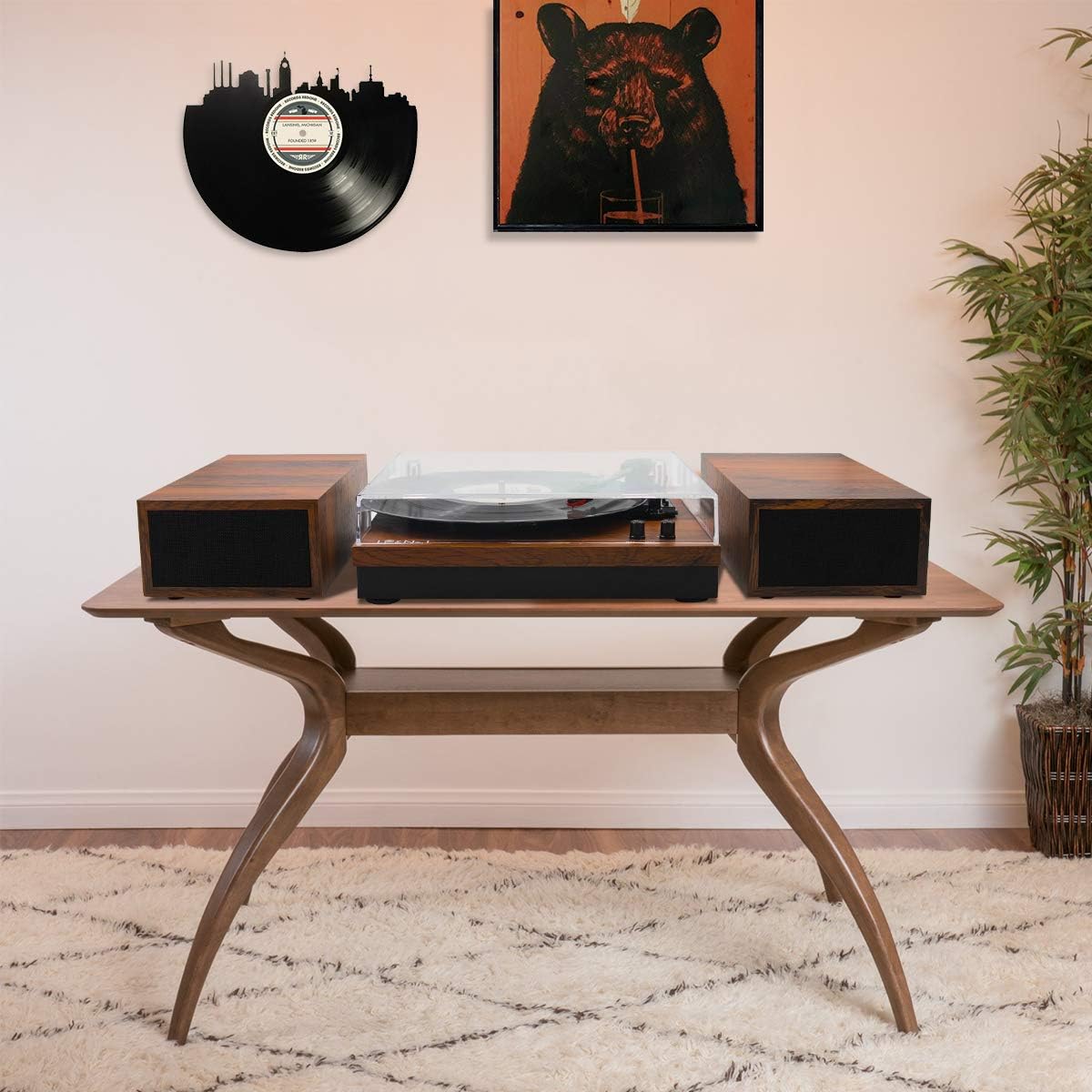 LP&No.1 Bluetooth Vinyl Record Player with External Speakers, 3-Speed Belt-Drive Turntable for Vinyl Albums with Auto Off and Bluetooth Input, Yellow Wood