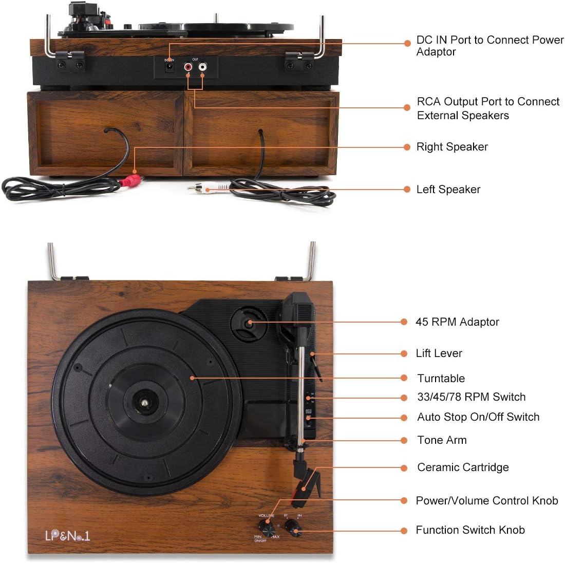 LP&No.1 Bluetooth Vinyl Record Player with External Speakers, 3-Speed Belt-Drive Turntable for Vinyl Albums with Auto Off and Bluetooth Input, Yellow Wood