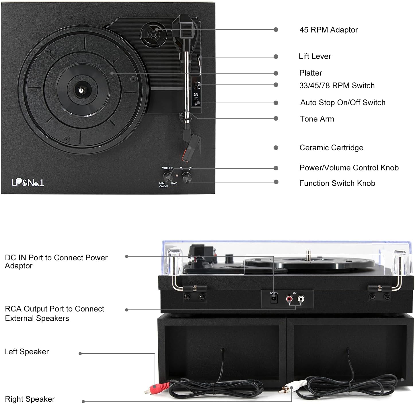 LP&No.1 Bluetooth Vinyl Record Player with External Speakers, 3-Speed Belt-Drive Turntable for Vinyl Albums with Auto Off and Bluetooth Input, Yellow Wood