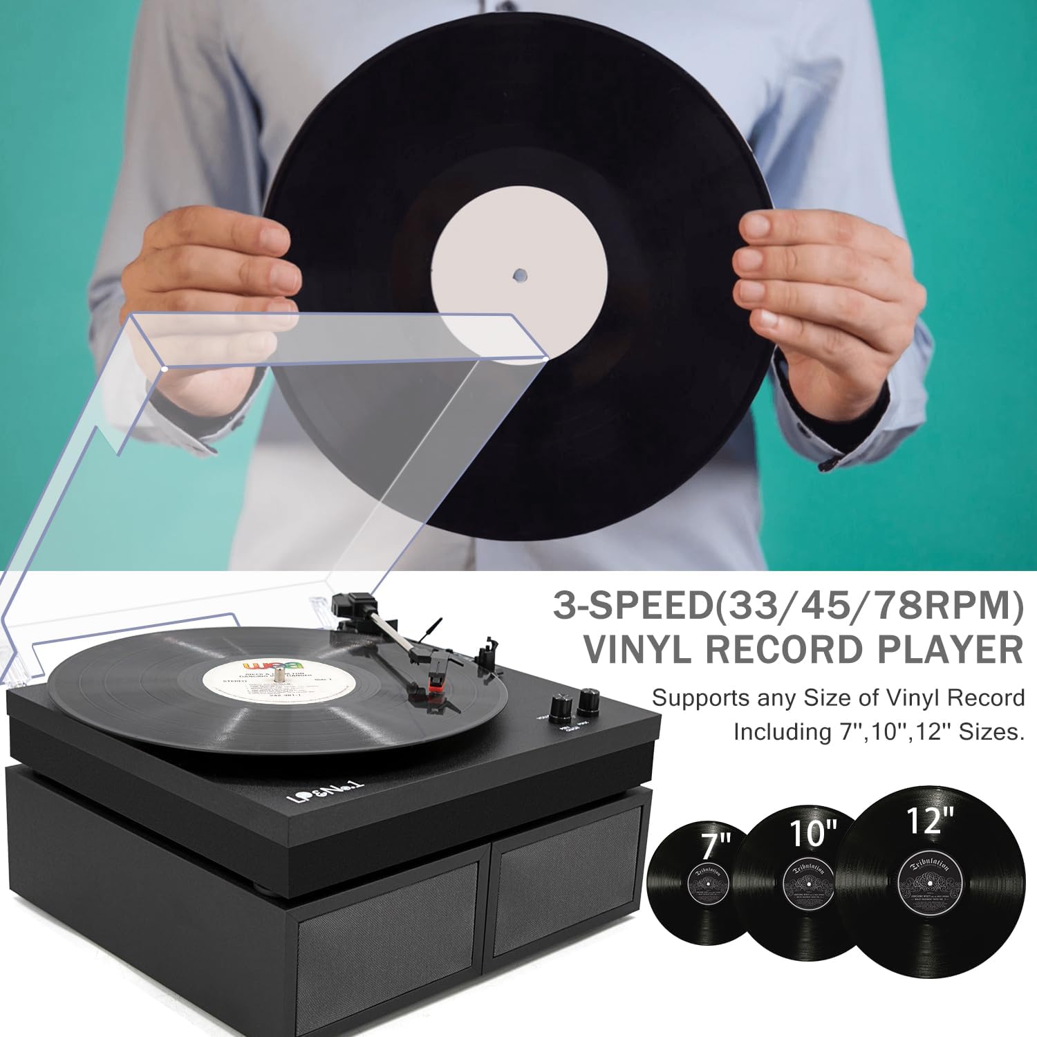 LP&No.1 Bluetooth Vinyl Record Player with External Speakers, 3-Speed Belt-Drive Turntable for Vinyl Albums with Auto Off and Bluetooth Input, Yellow Wood