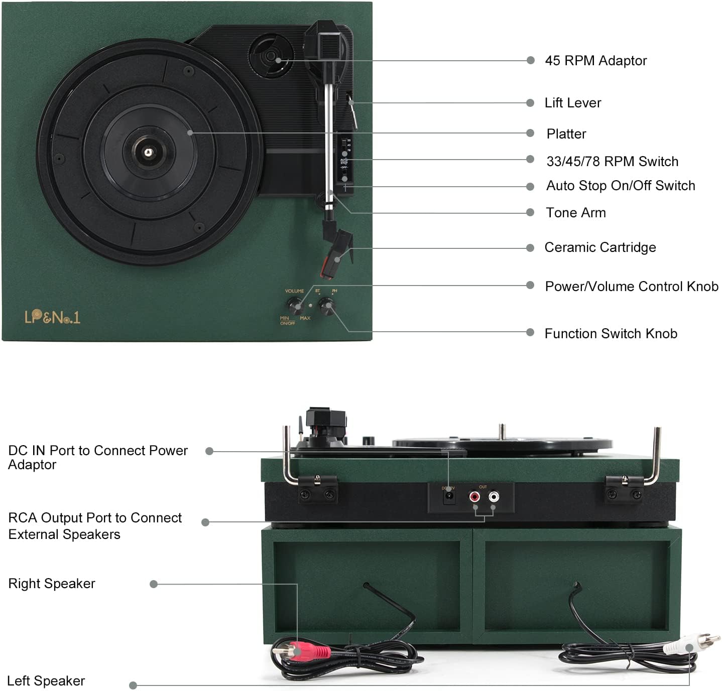 LP&No.1 Bluetooth Vinyl Record Player with External Speakers, 3-Speed Belt-Drive Turntable for Vinyl Albums with Auto Off and Bluetooth Input, Yellow Wood