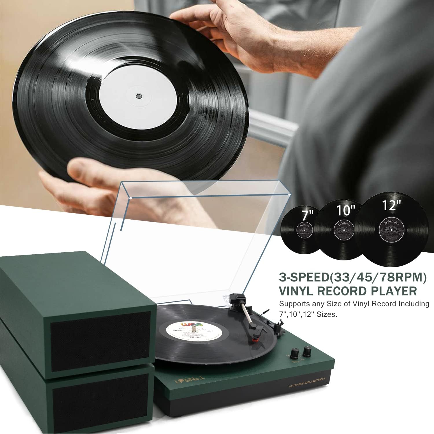 LP&No.1 Bluetooth Vinyl Record Player with External Speakers, 3-Speed Belt-Drive Turntable for Vinyl Albums with Auto Off and Bluetooth Input, Yellow Wood