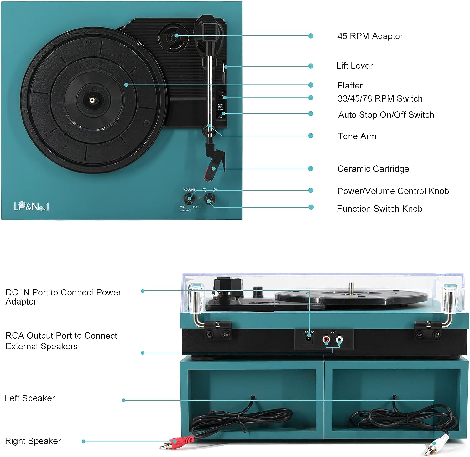 LP&No.1 Bluetooth Vinyl Record Player with External Speakers, 3-Speed Belt-Drive Turntable for Vinyl Albums with Auto Off and Bluetooth Input, Yellow Wood