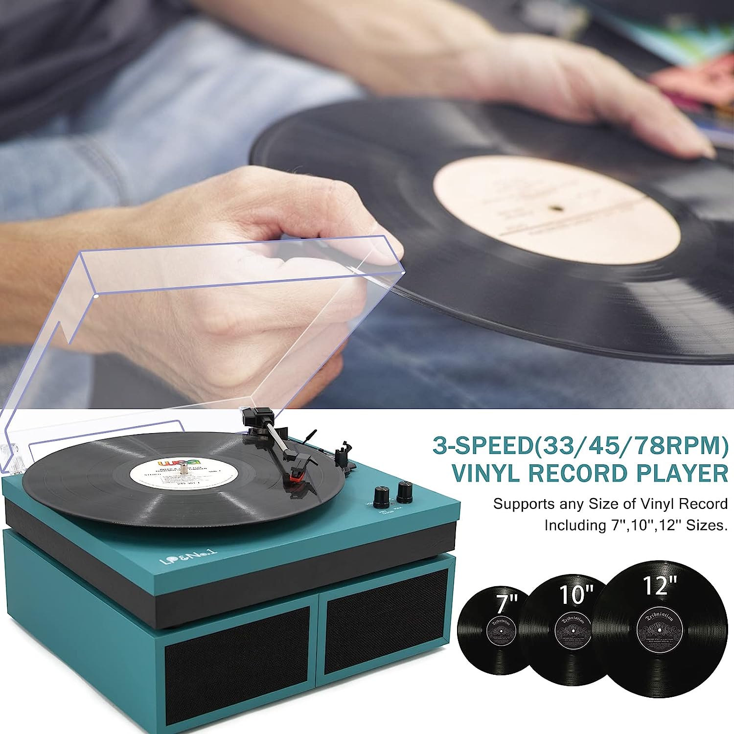 LP&No.1 Bluetooth Vinyl Record Player with External Speakers, 3-Speed Belt-Drive Turntable for Vinyl Albums with Auto Off and Bluetooth Input, Yellow Wood