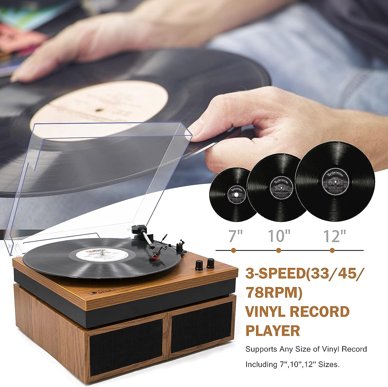 LP&No.1 Bluetooth Vinyl Record Player with External Speakers, 3-Speed Belt-Drive Turntable for Vinyl Albums with Auto Off and Bluetooth Input, Yellow Wood