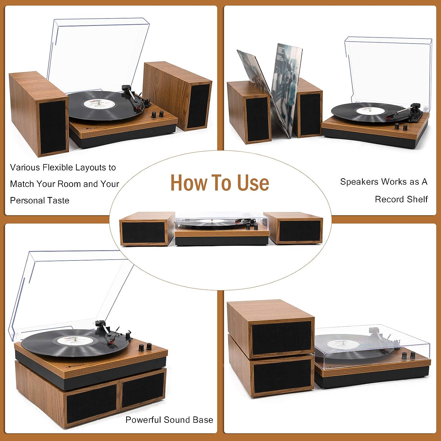 LP&No.1 Bluetooth Vinyl Record Player with External Speakers, 3-Speed Belt-Drive Turntable for Vinyl Albums with Auto Off and Bluetooth Input, Yellow Wood