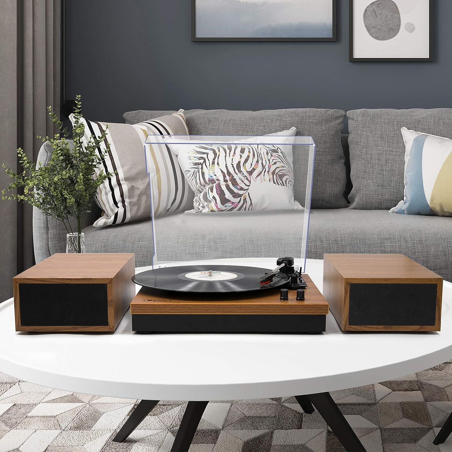 LP&No.1 Bluetooth Vinyl Record Player with External Speakers, 3-Speed Belt-Drive Turntable for Vinyl Albums with Auto Off and Bluetooth Input, Yellow Wood